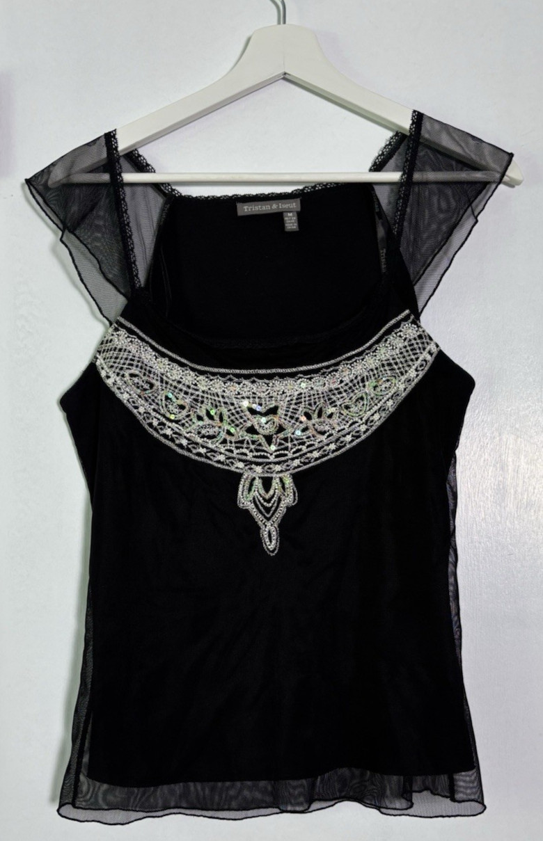 Vintage Tristan & Iseut Y2K Beaded Mesh Embellished Top Black Size M #110