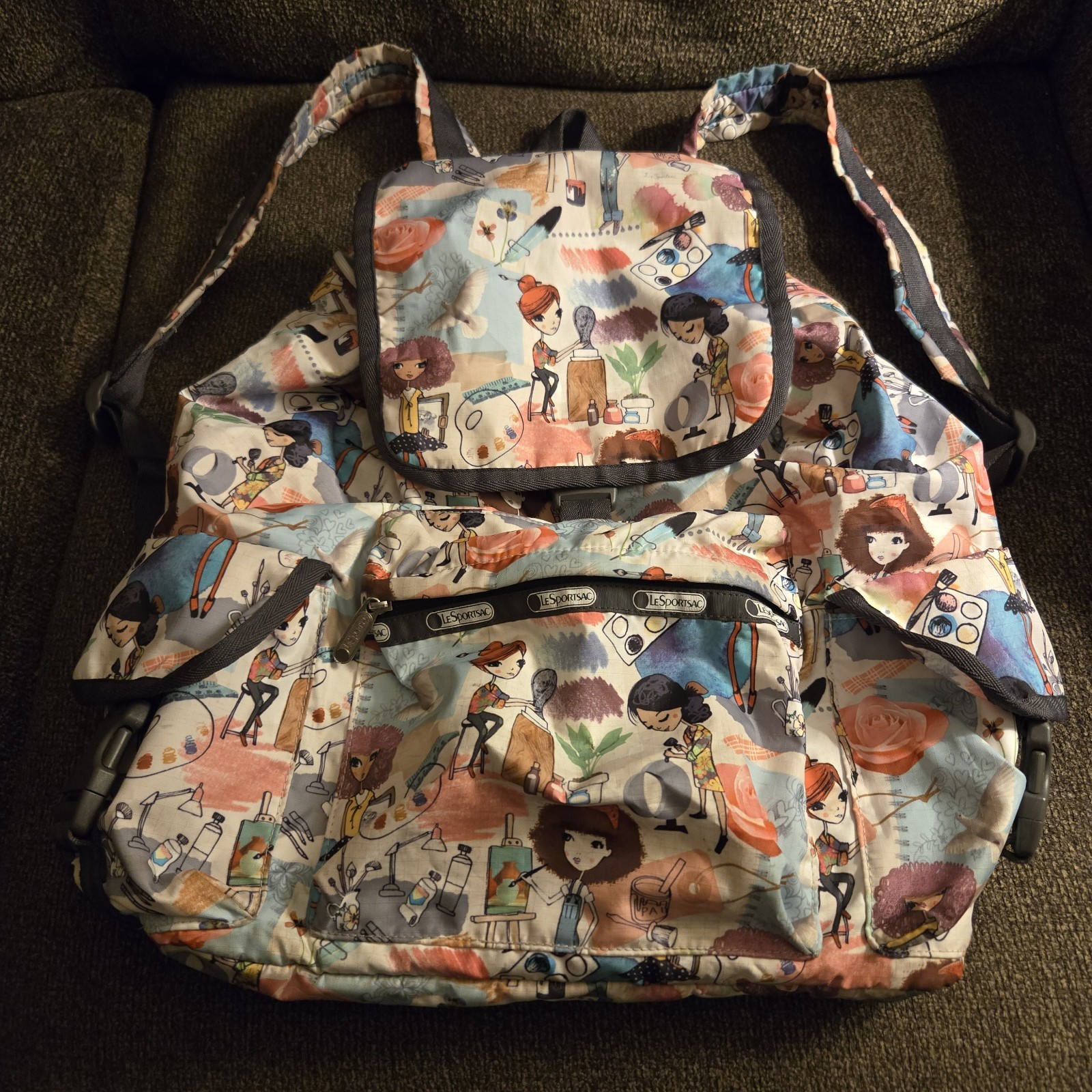 LeSportsac Voyager Backpack ‘Art School’ Cartoon Graphic Pink Lining 13″ x 16″