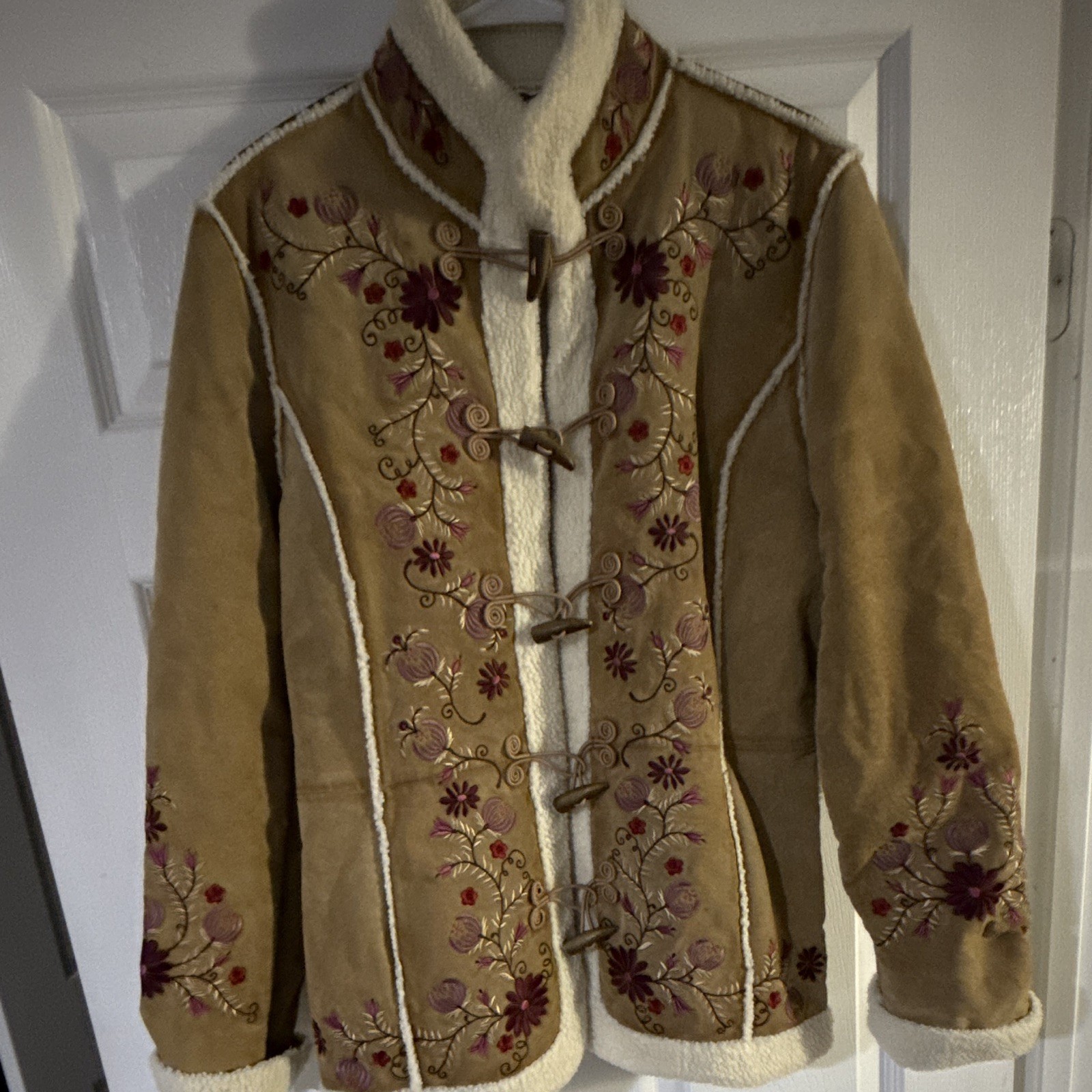 St. John’s Bay Vintage Suede Lined Floral Embroidered Toggle Fur Trim Jacket