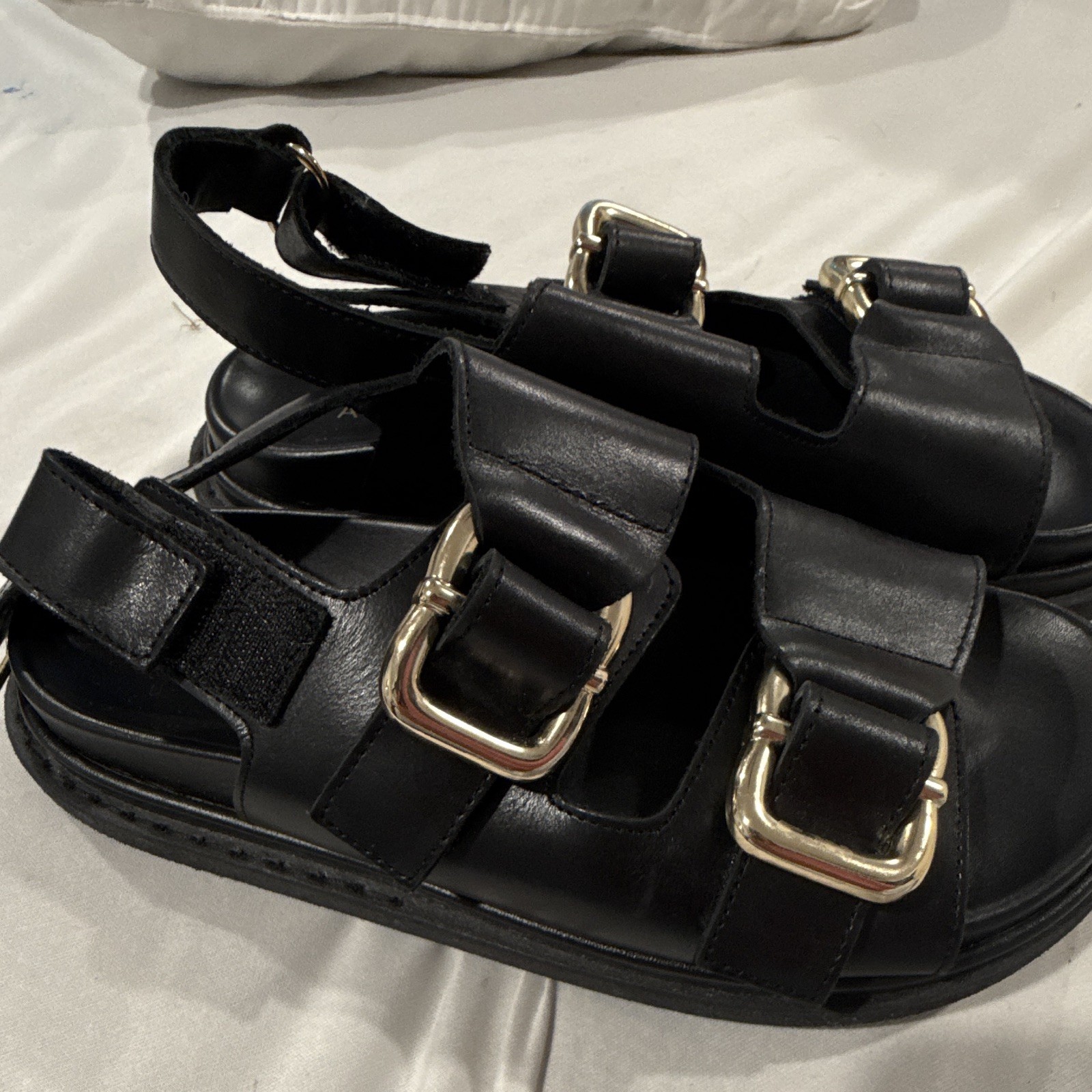 Alohas Women Black Strappy Ankle Strap Leather Sandals Buckle Hook & Loop 6.5