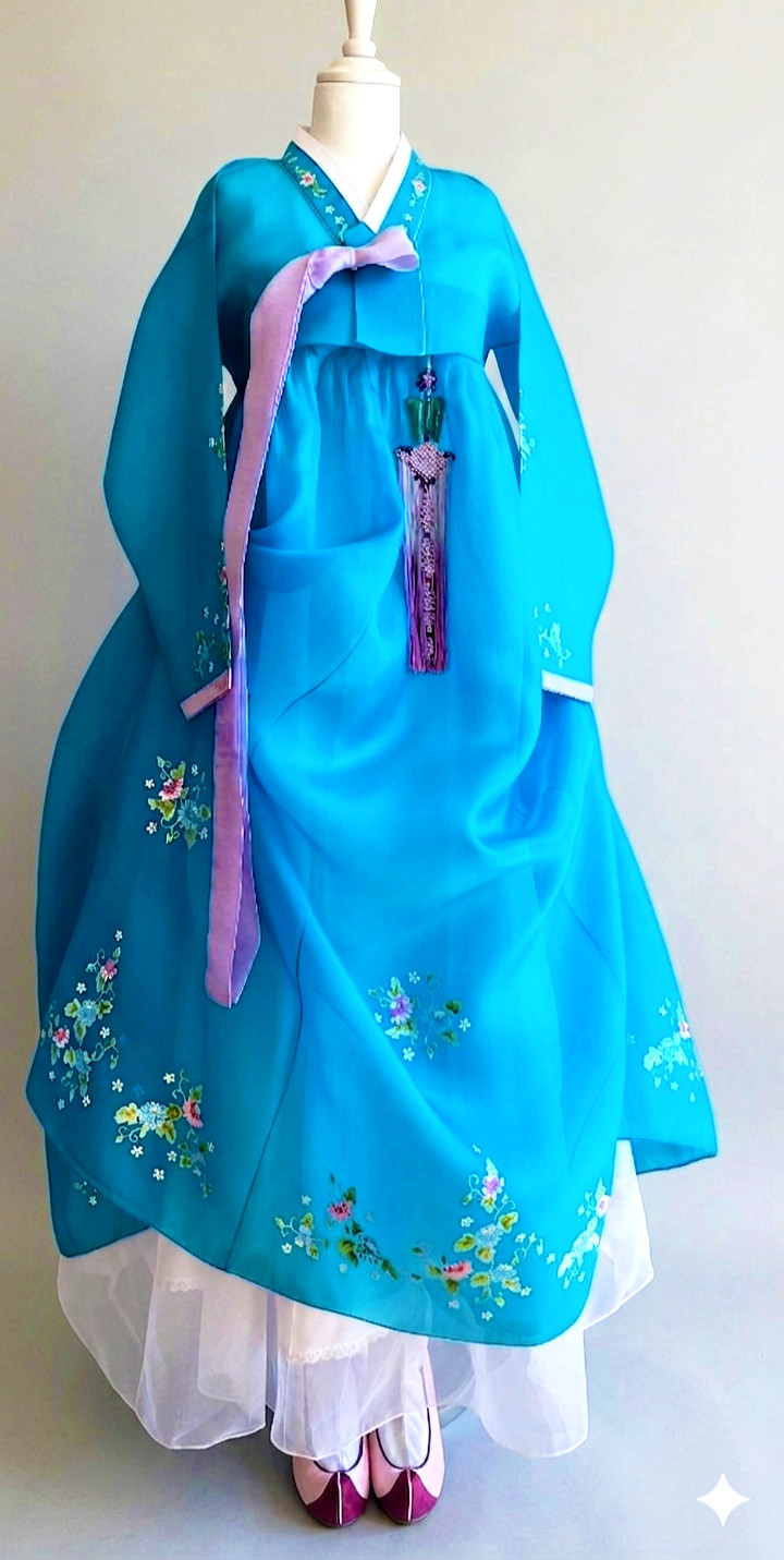 M Silk Traditional Korean Hanbok Set–Turquoise Blue Top/ Skirt with Floral Print