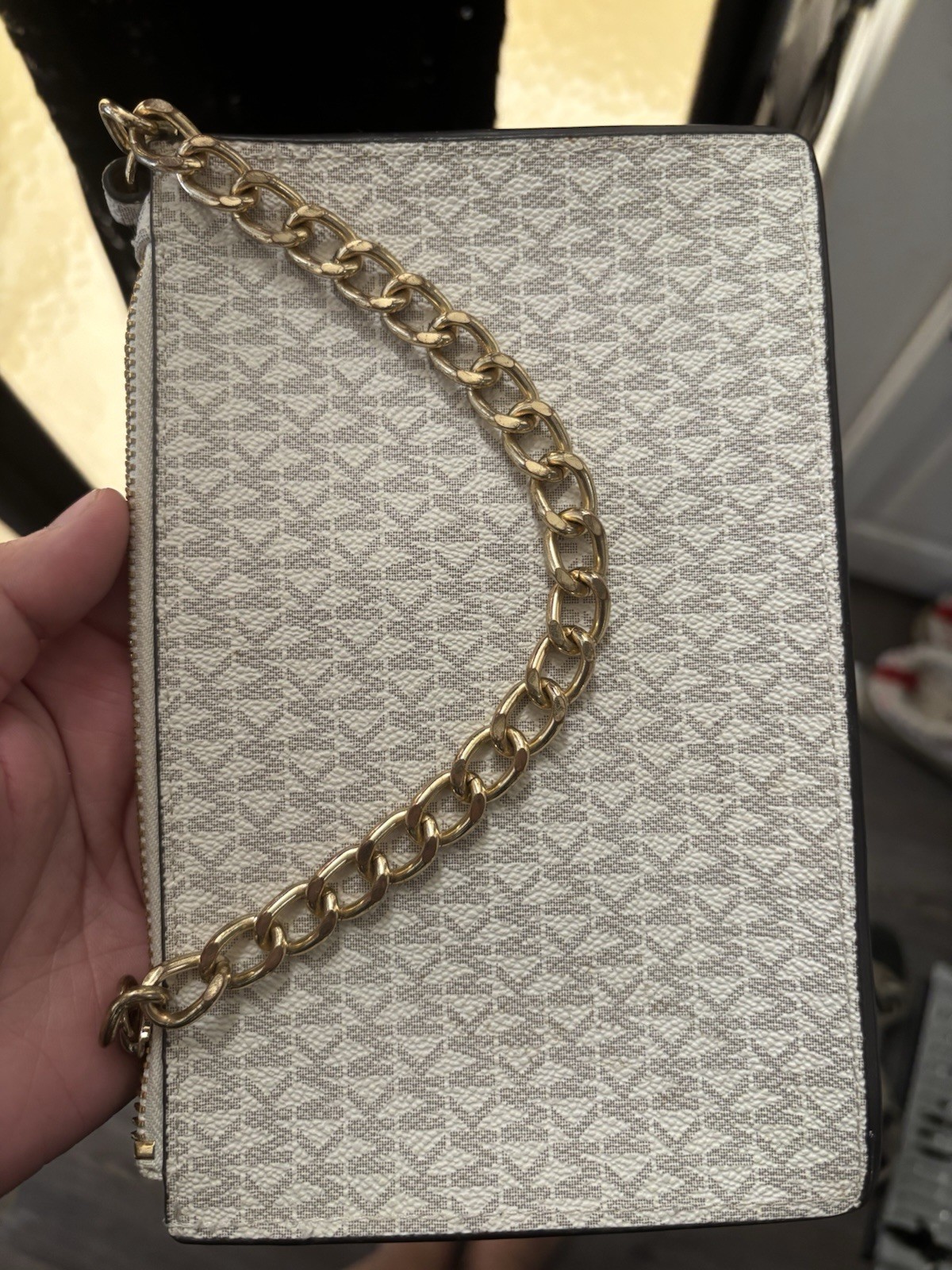Michael Kors Beige Monogram Zip Small Crossbody, Gold-Tone Chain, Detach Strap