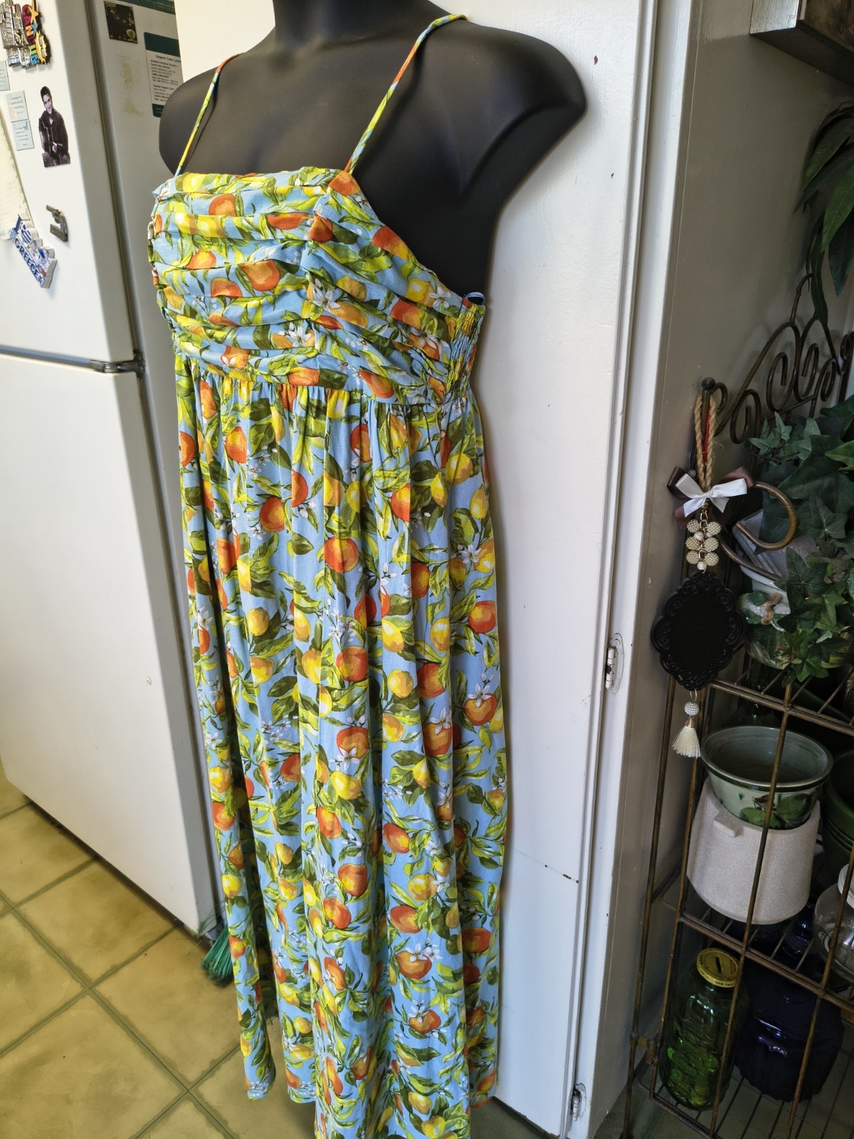 Women Large Free Assembly Linen Blend Maxi Dress Fruit Lemon Oranges Print Dress