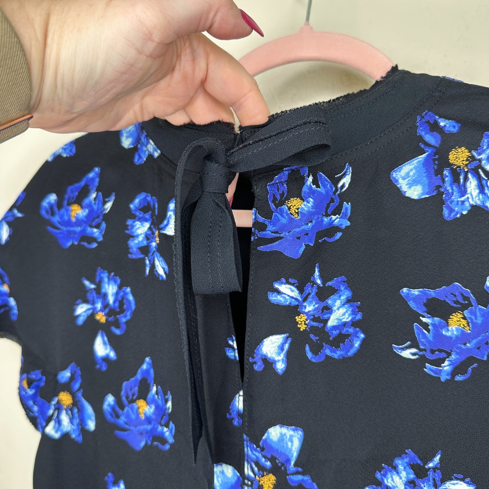 Proenza Schouler Floral Print Blue Black Tie Back Short Sleeve Mini Shift Dress