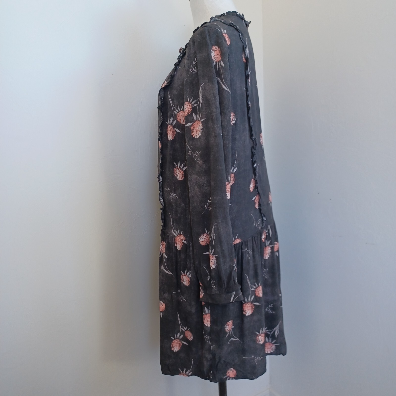Caslon Dress Womens Med Brown Pink Floral Long Sleeve Drop Waist Tie Neckline