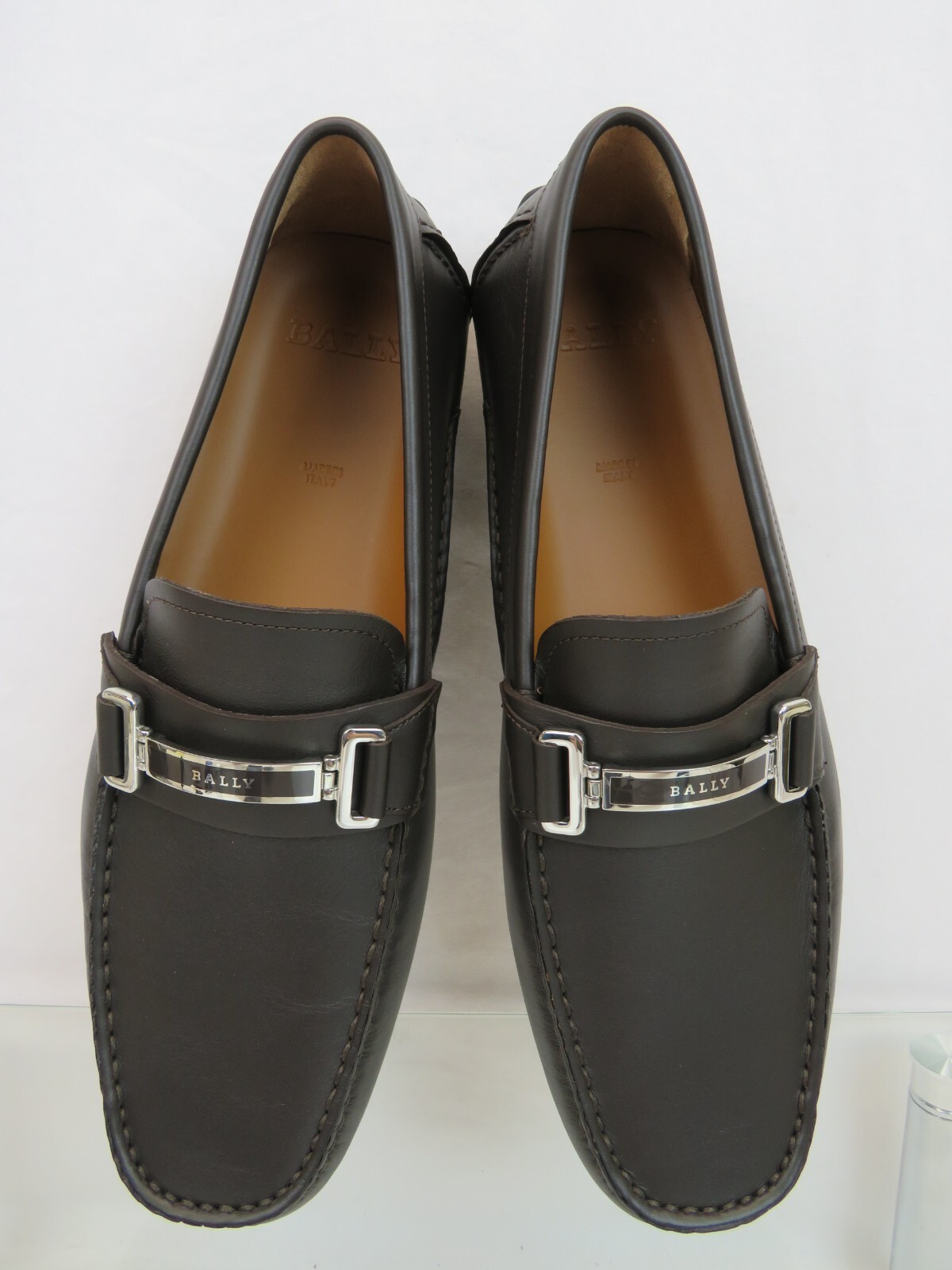 BALLY DRULIO DARK BROWN CHOCOLATE LEATHER METAL LOGO DRIVING LOAFERS US 12 D