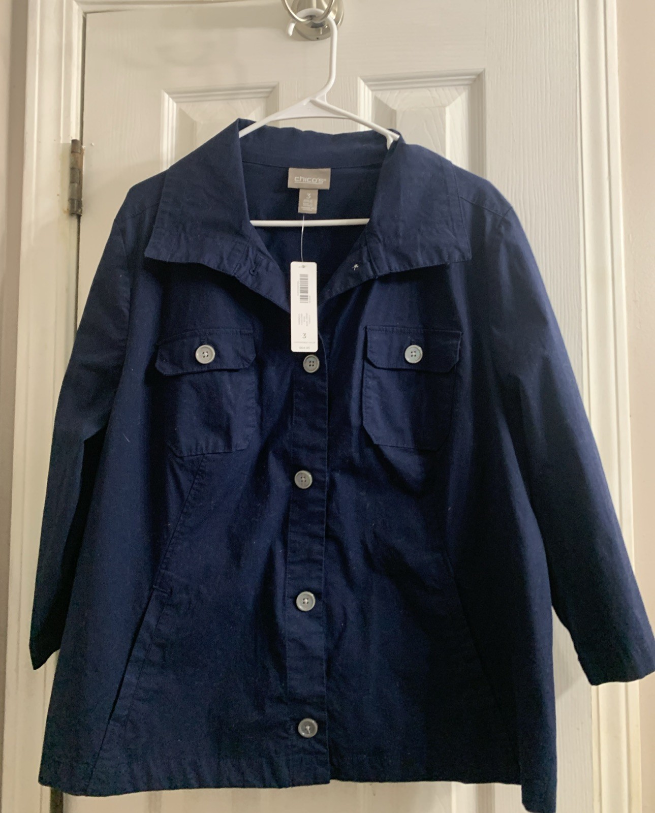 CHICO’S NWT JACKET 3QTR SOLID DEEP NAVY BUTTON FRONT W/POCKETS