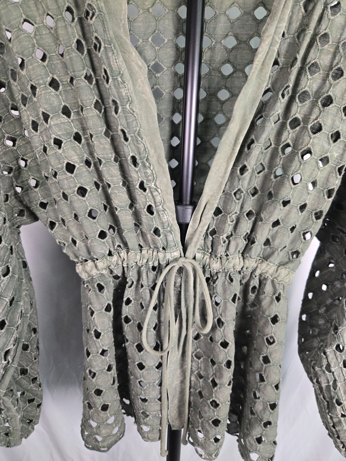 Olive Green Eyelet Cutout Tie Front Cardigan Sz Medium Earthy Lagenlook Festival