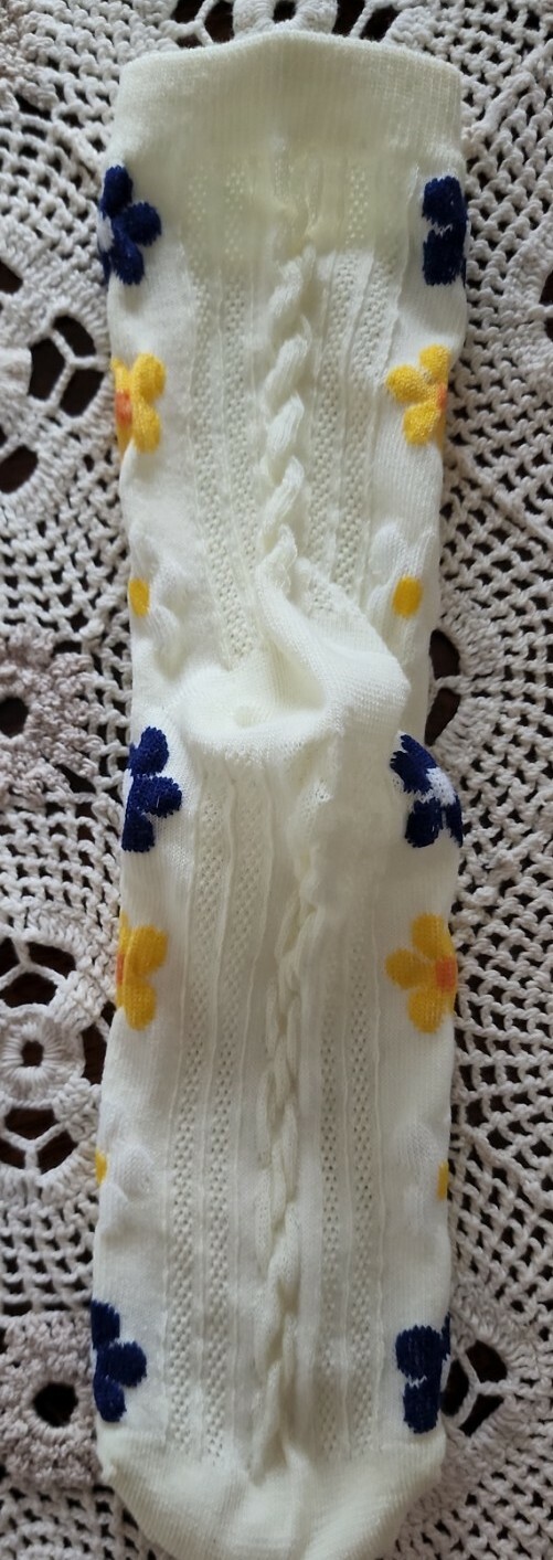 Handcrafted ~ Ivory ~ Embellished w/Multicolor Floral Design ~ Tight Knit Socks