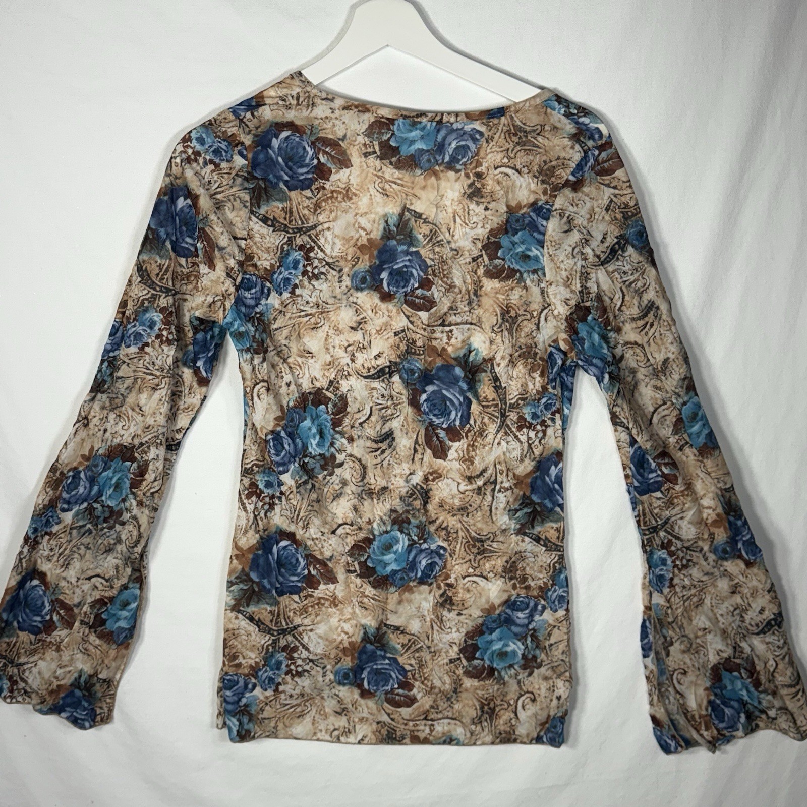 Vintage 90s Y2K Floral Long Sleeve Mesh Top Blue Boho Festival Indie Fairy Grung