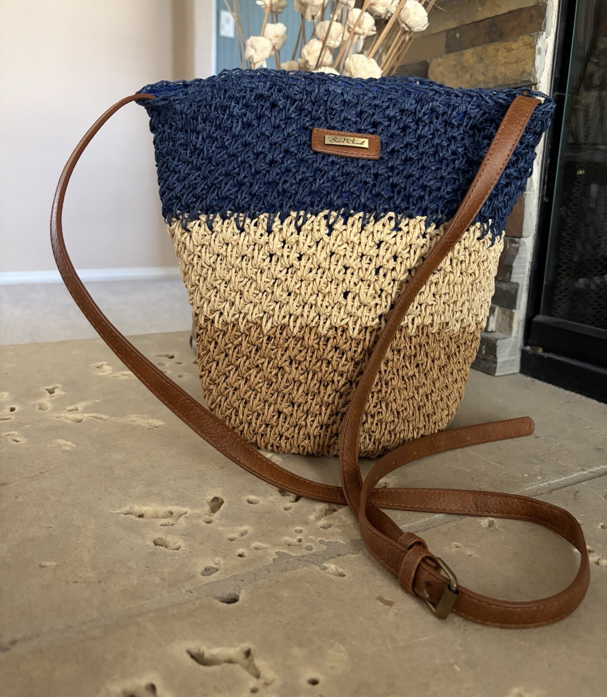 Sun N Sand Colorblock Crossbody Bag Blue/Beige/Brown Leather Strap Snap Lined
