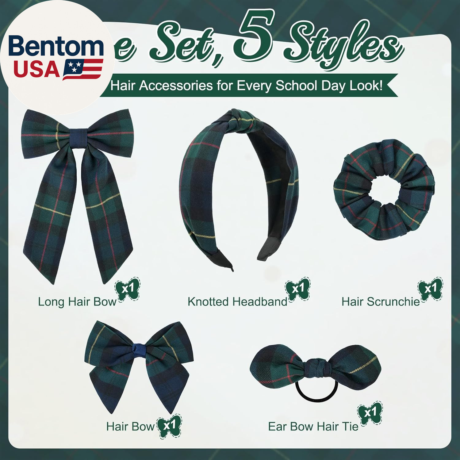 5 Styles Uniform Plaid Long Tail Hair Bows Knotted Headband Scrunchies Bow Set A