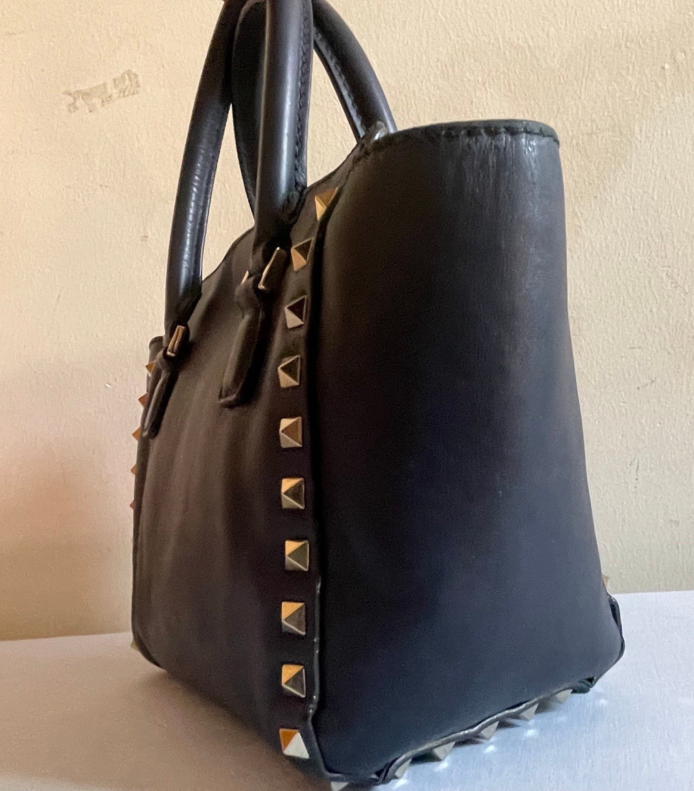 Valentino Garavani Rockstud Small Navy Blue Leather Top Handle Shoulder Bag
