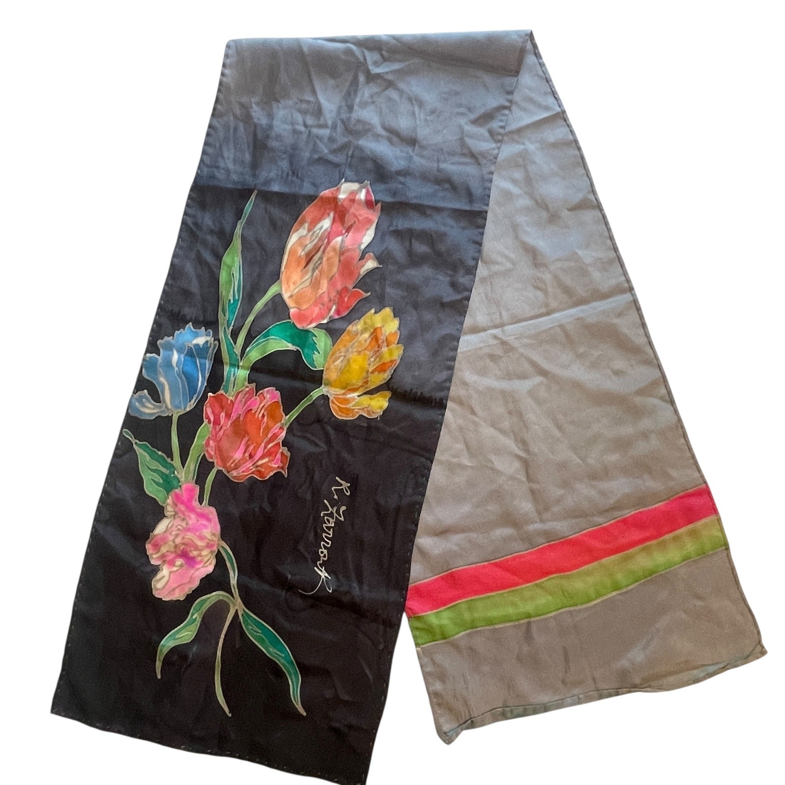 R. Zarrouk Floral Hand Painted Scarf Womens Black Rectangle 11.5″ x 54″ Signed