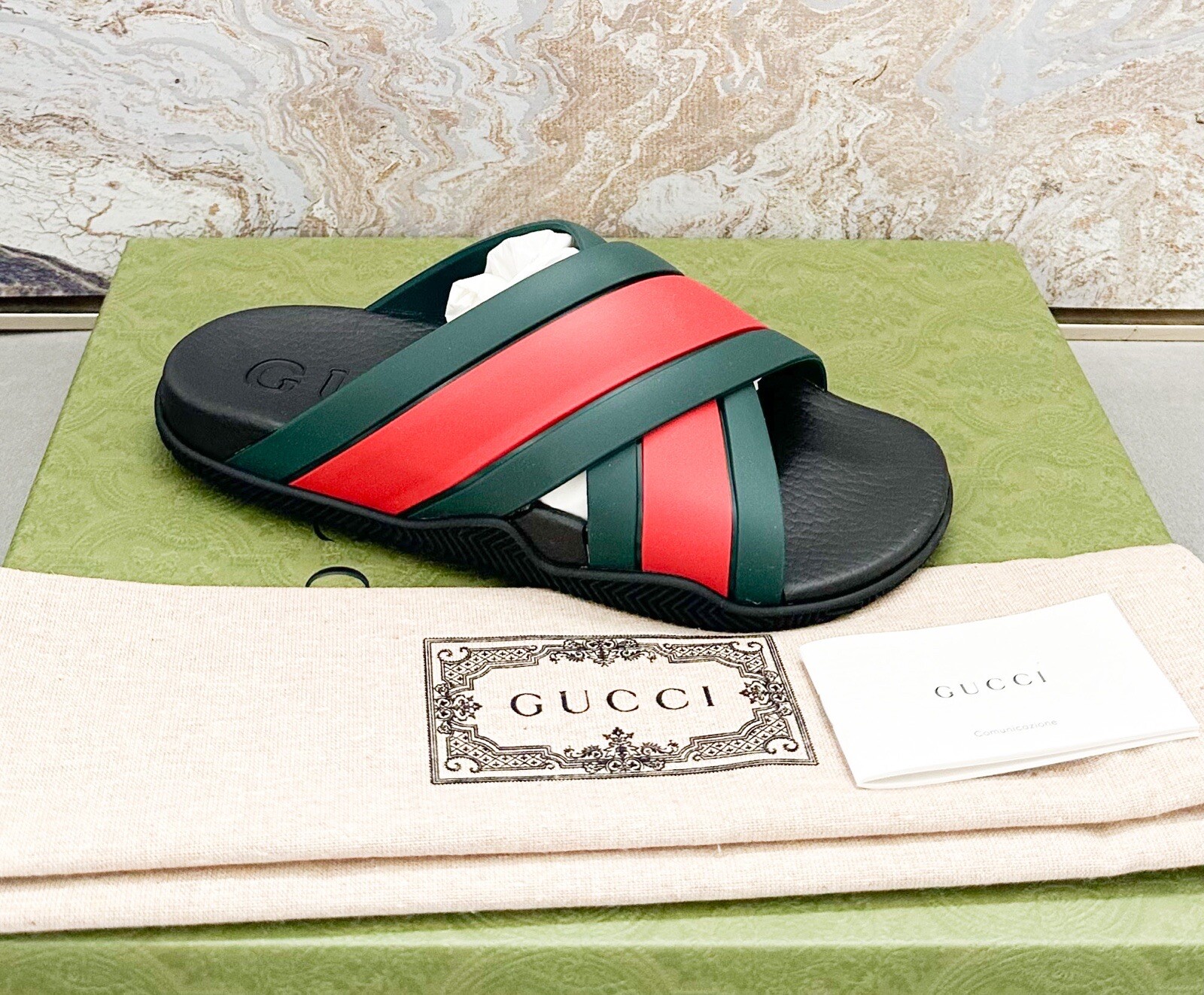 Gucci Rubber Web Criss Cross Slide Sandals