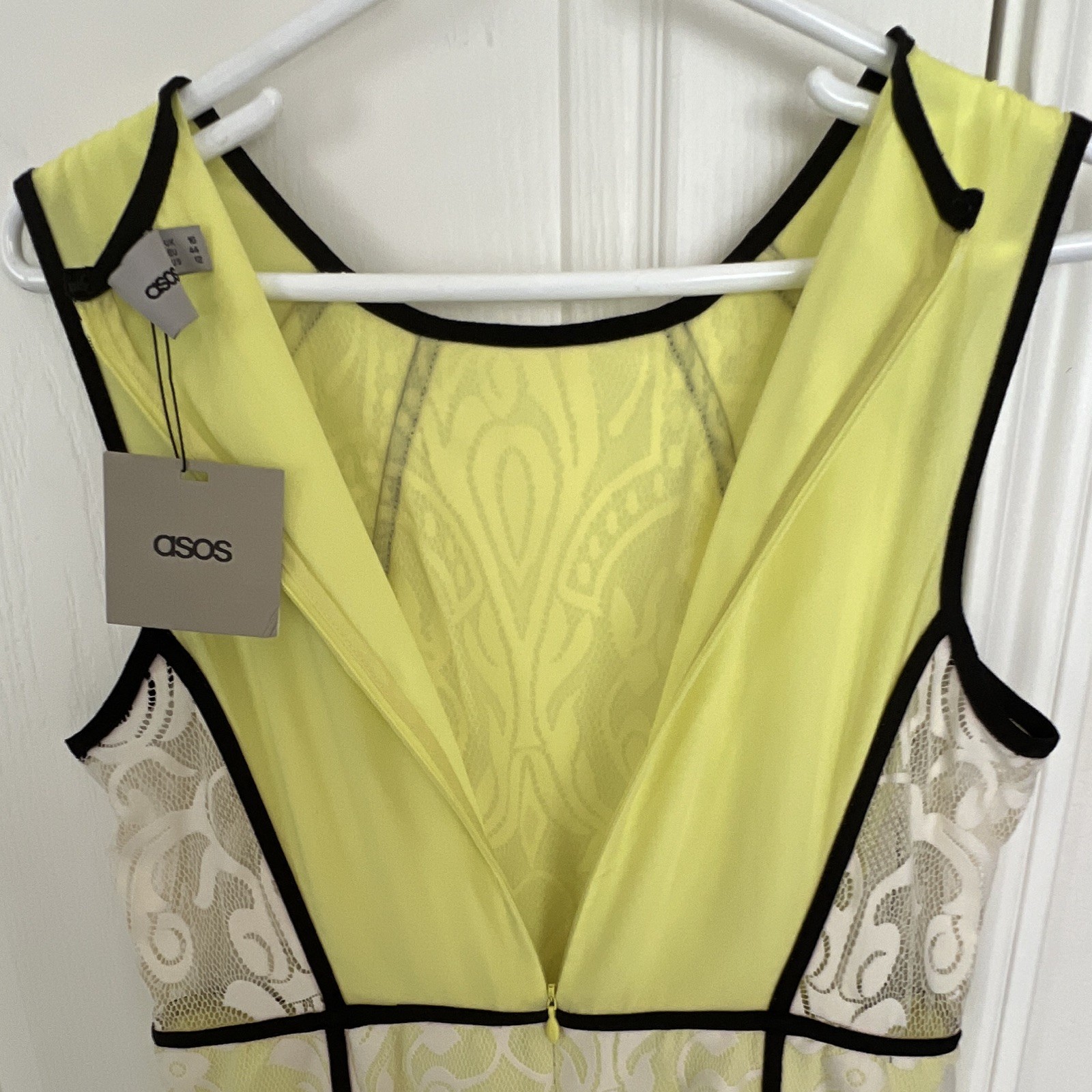 NWT ASOS Dress 12 / 16 Yellow Lace Pencil Bodycon Black Trim Sleeveless Party US