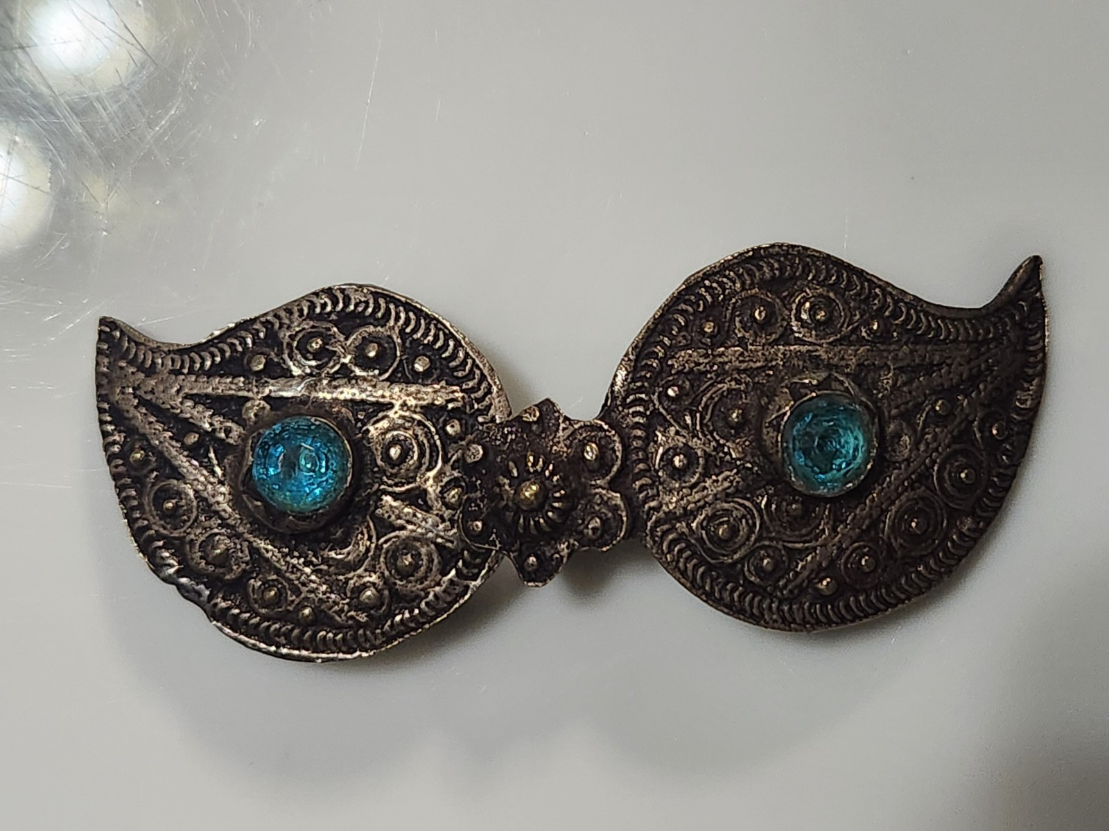 Antique Ottoman Buckle Silver Plated with Turquoise Glass 3.25″ x 1.25″