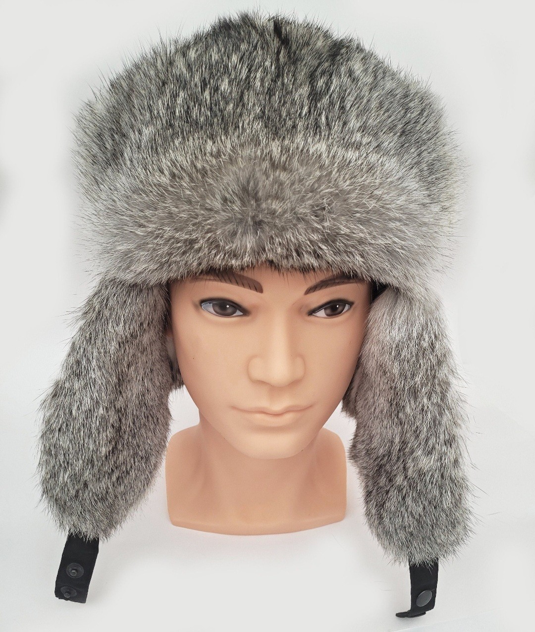 Men Real Fur Ear Flap Hat Ushanka Rabbit Fur Aviator Trapper Hat Unisex 58 cm