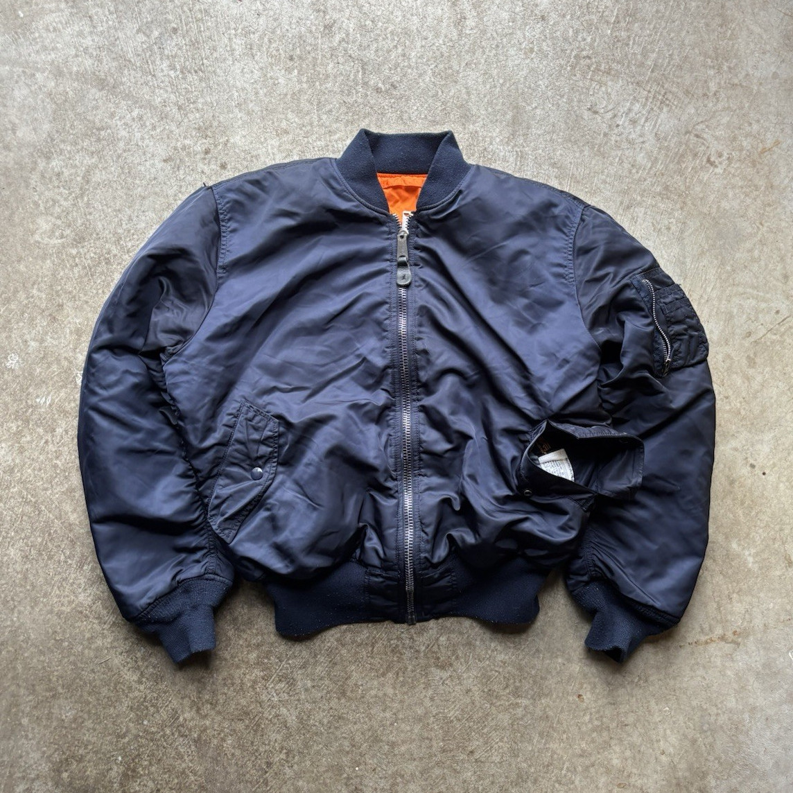 Alpha Industries Navy Bomber Jacket Orange Lined Zip Men’s Size Large