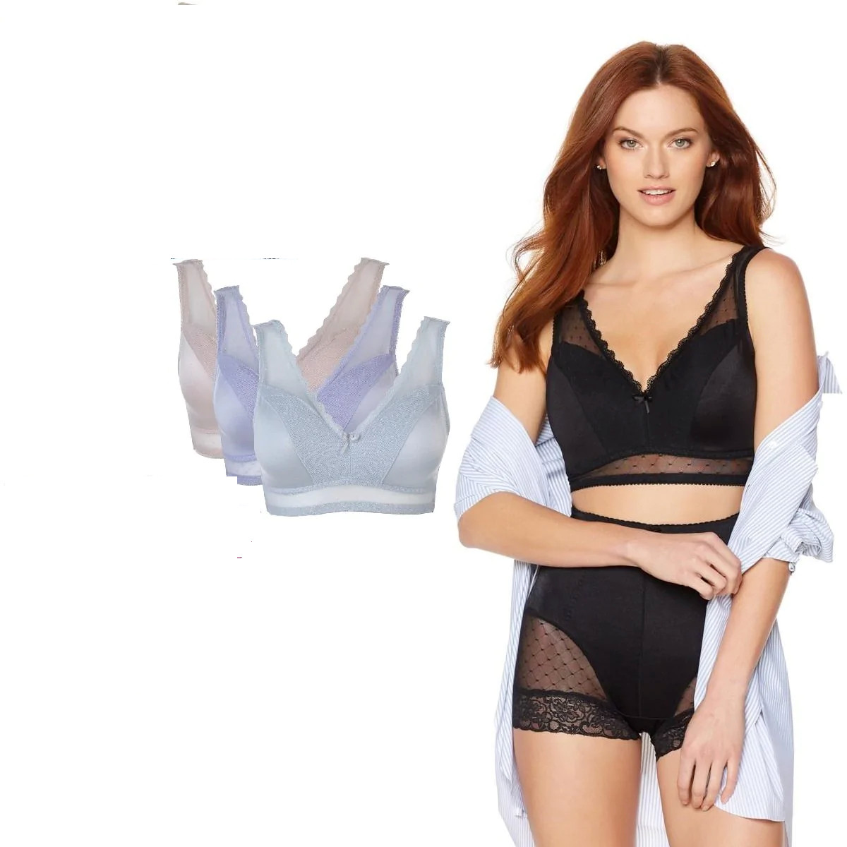 Rhonda Shear Mesh Dot Pin-Up Bra 3 Pack w/Removable Pads 514-144 , Size L