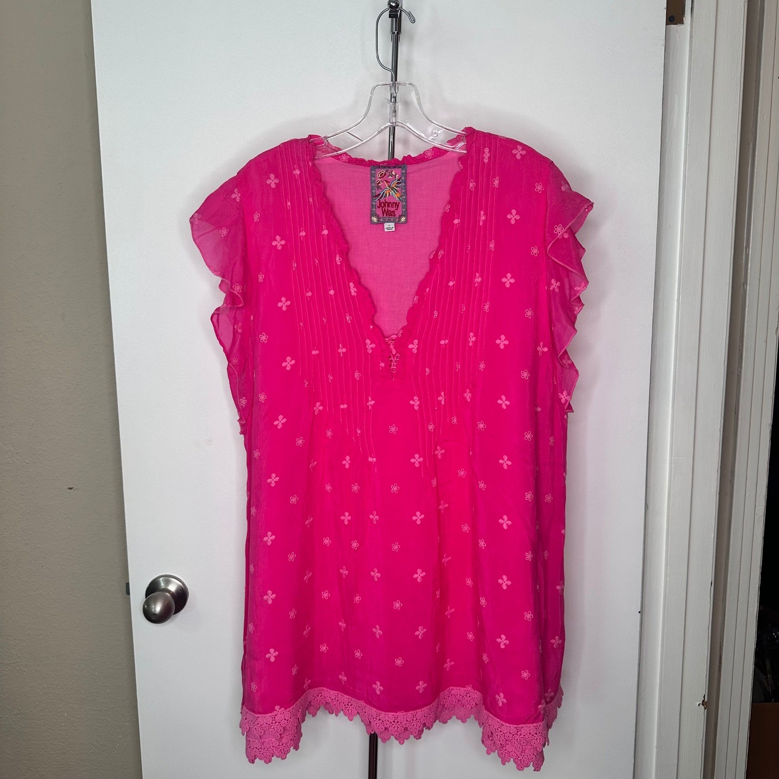 Johnny Was Hot Pink Embroidered Silk Blend Tunic Top Lace Trim V-Neck Large