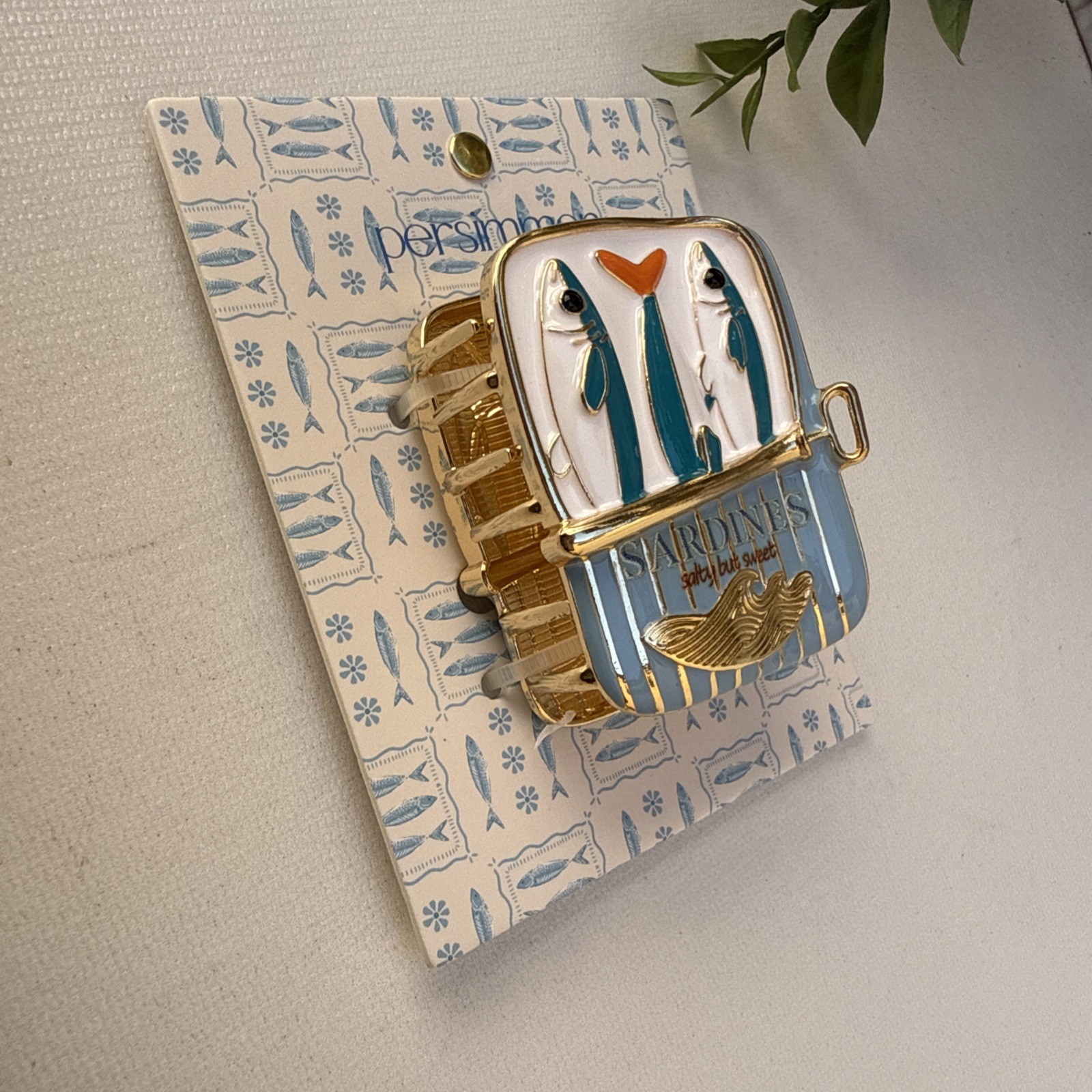 Persimmon Sardines Enamel Pin Brooch Salty But Sweet Fish Tin Gold Tone New