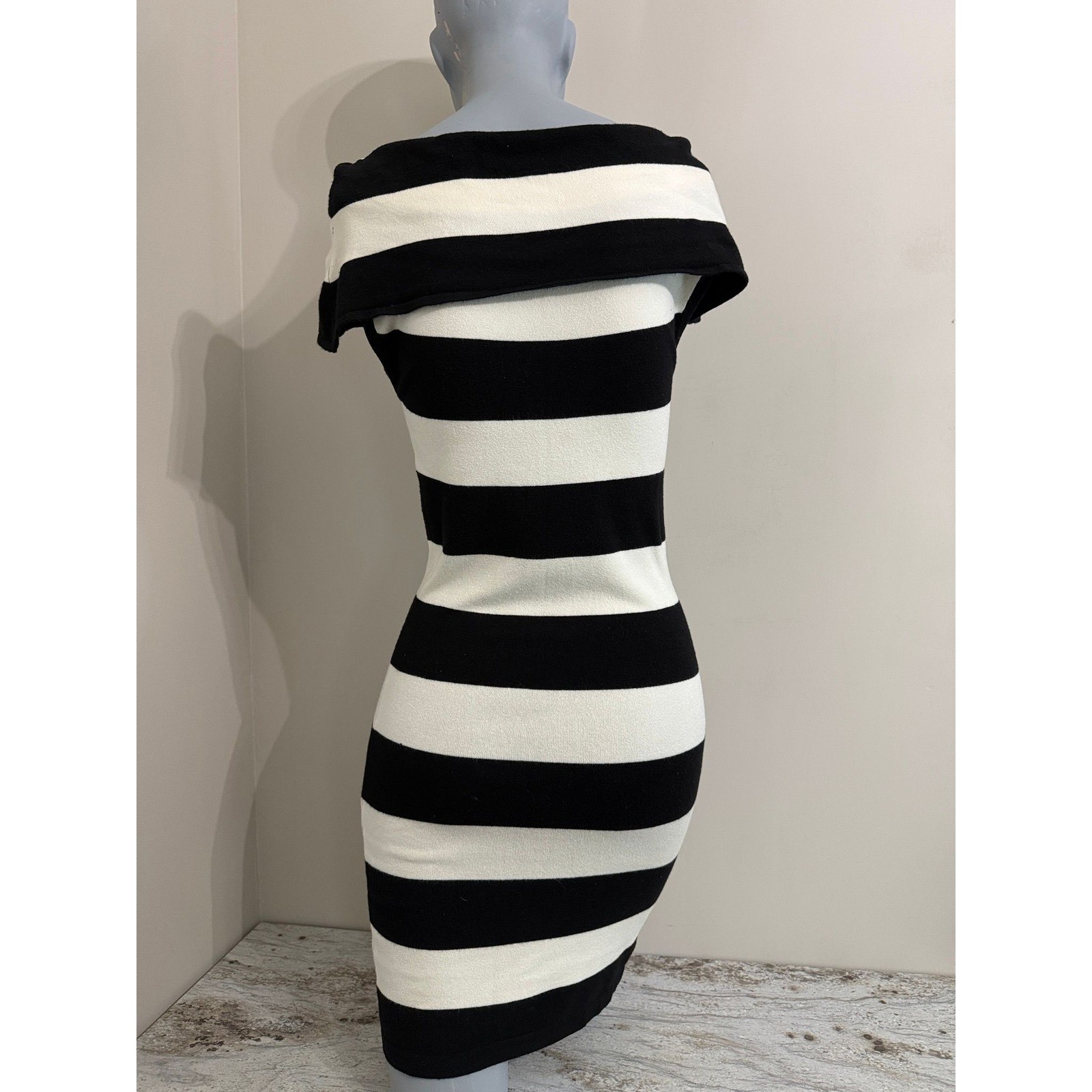 Black and White Striped Bodycon Sweater Dress Off Shoulder Cowl Neck Mini