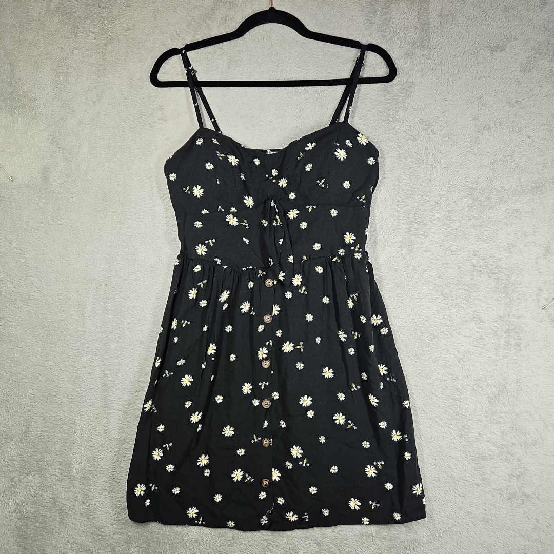 A.U.W. Sundress Black w Daisies Bumblebees Adjust Spag Strap Built In Bra Sz XL