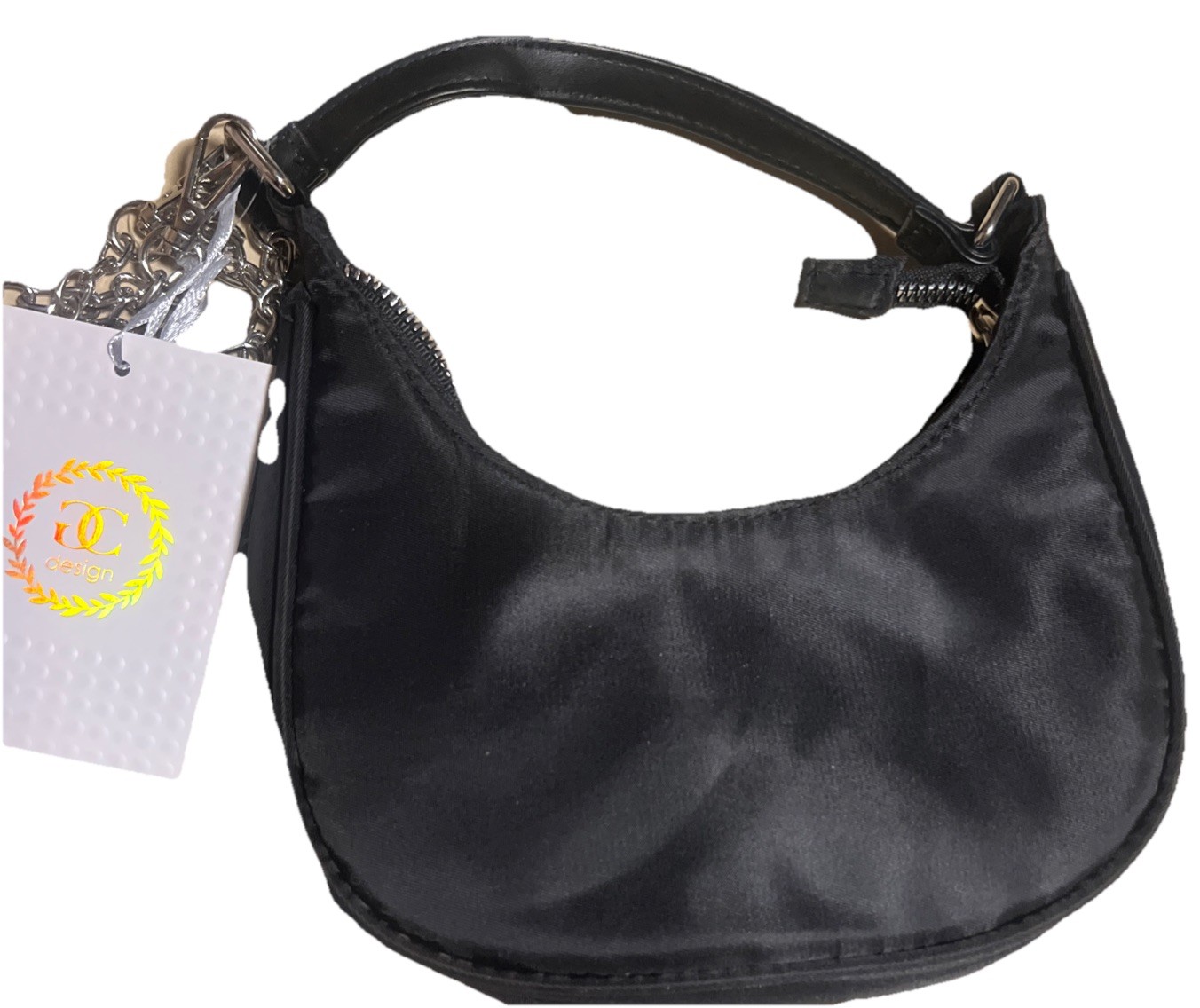 Mini Nylon and Faux Leather Shoulder Bag Handbag with Chain Strap color black