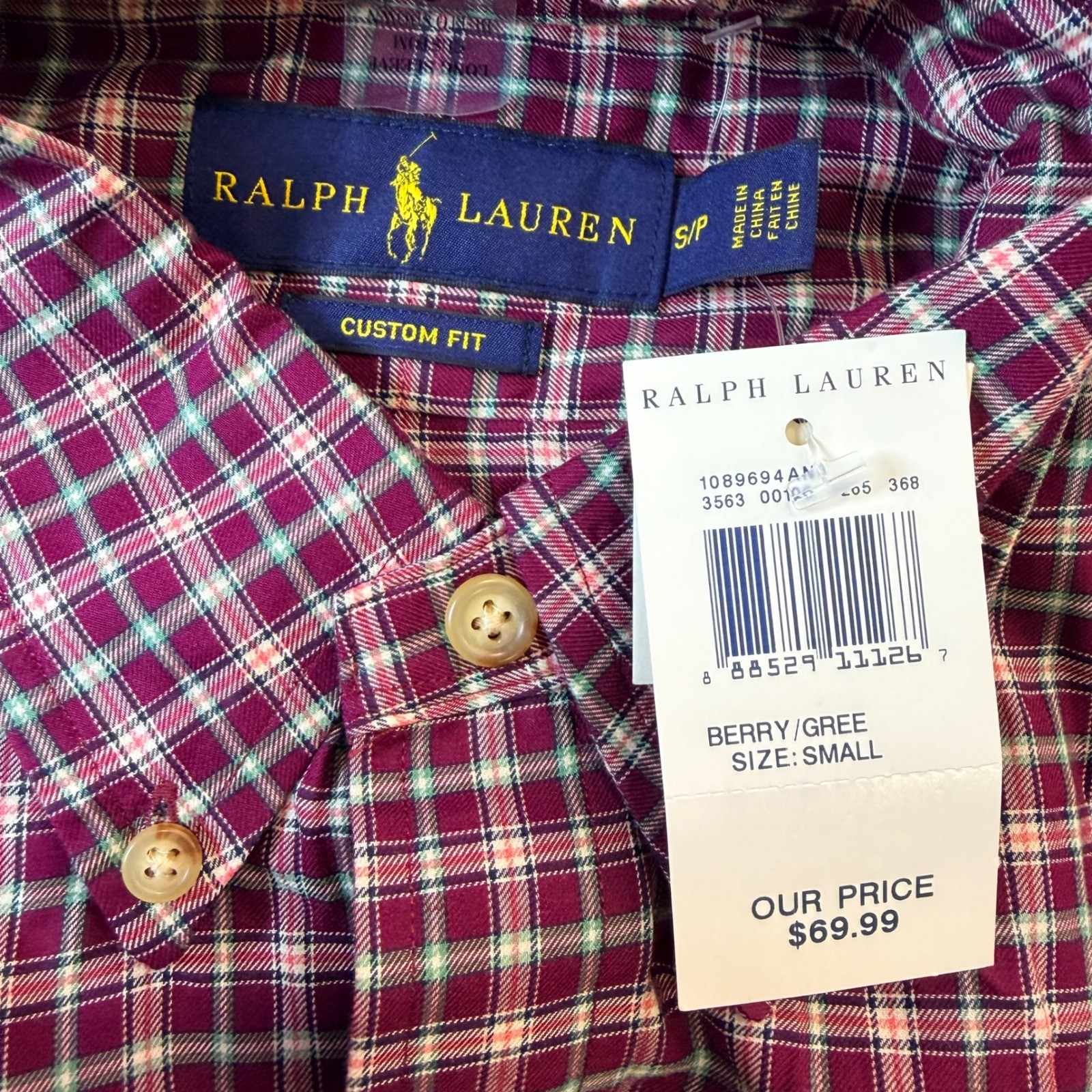 Ralph Lauren Button Down Shirt Mens Small Maroon Green Plaid Cotton Custom Fit