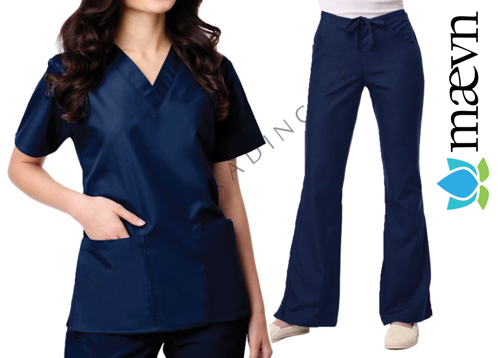 Maevn Women’s Navy Blue Scrub Set 2 Pocket Top Flare Leg Pants Sizes 2XS to 2XL