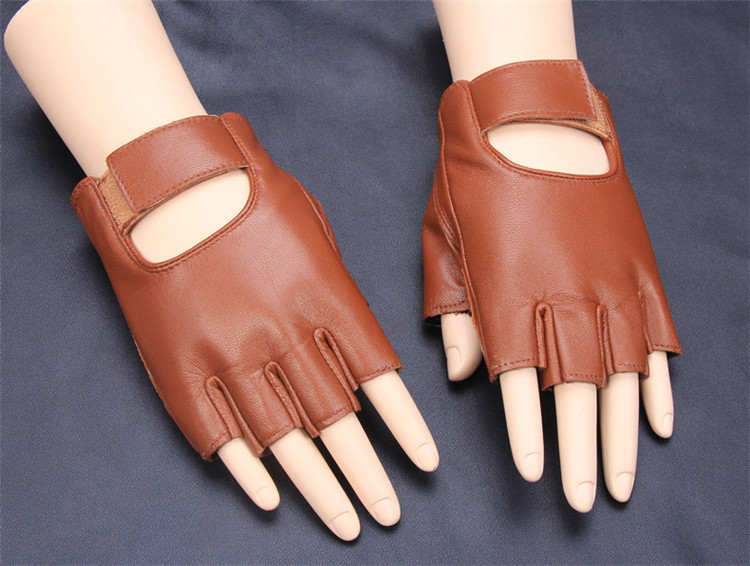Real Leather Fingerless Short Gloves Black Red Brown Stud Lambskin Half Finger