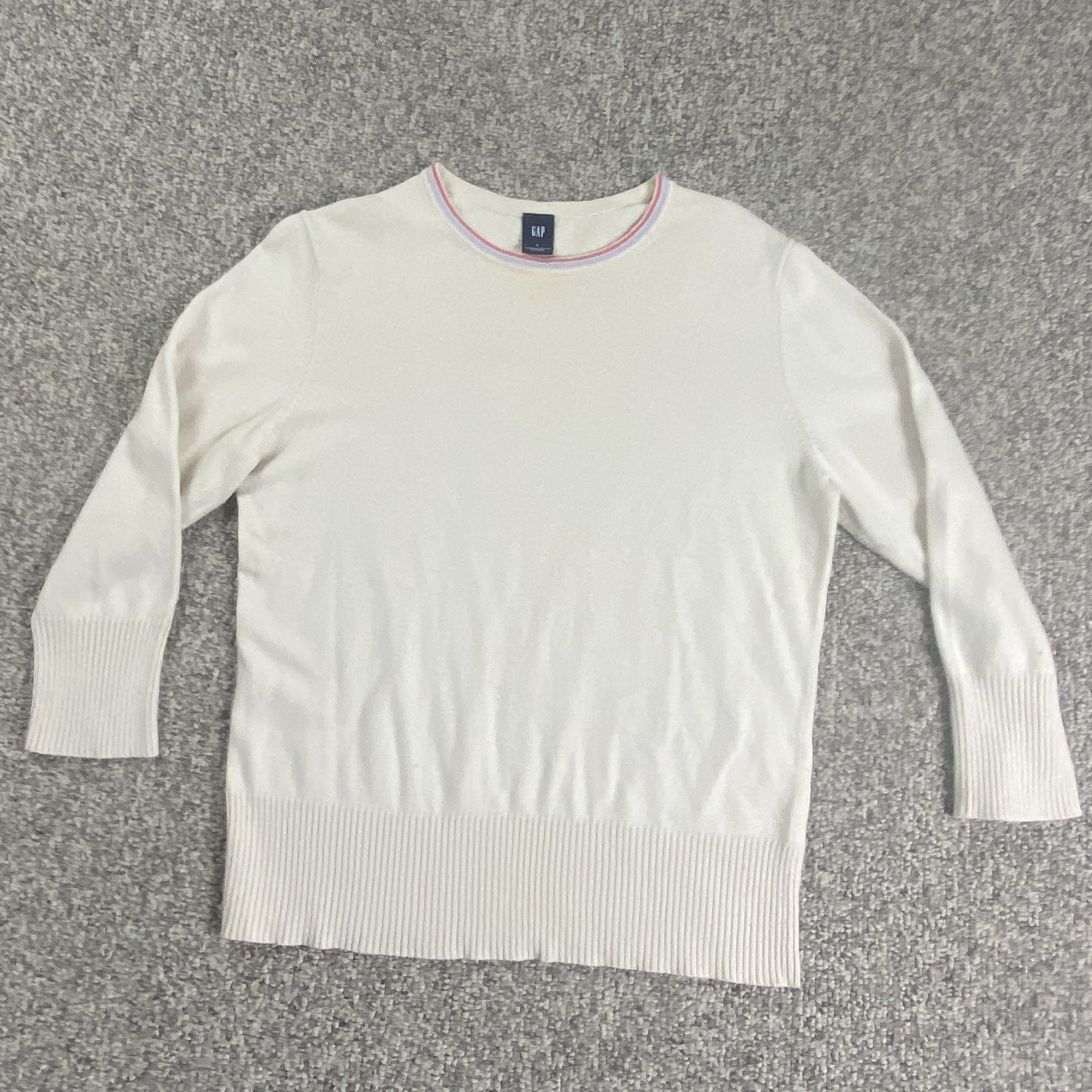 VTG GAP Sweater Womens Large Ivory Pink/Blue Crew Neck Cotton Cashmere Hong Kong