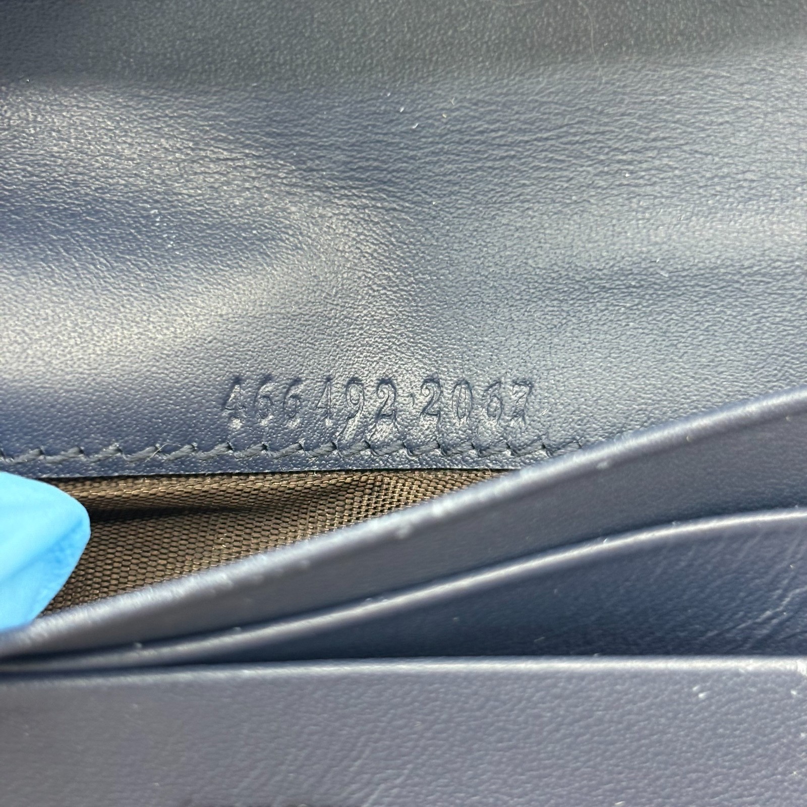 Gucci GG Marmont Wallet Denim Pearl Studs Compact Trifold Blue Leather Auth