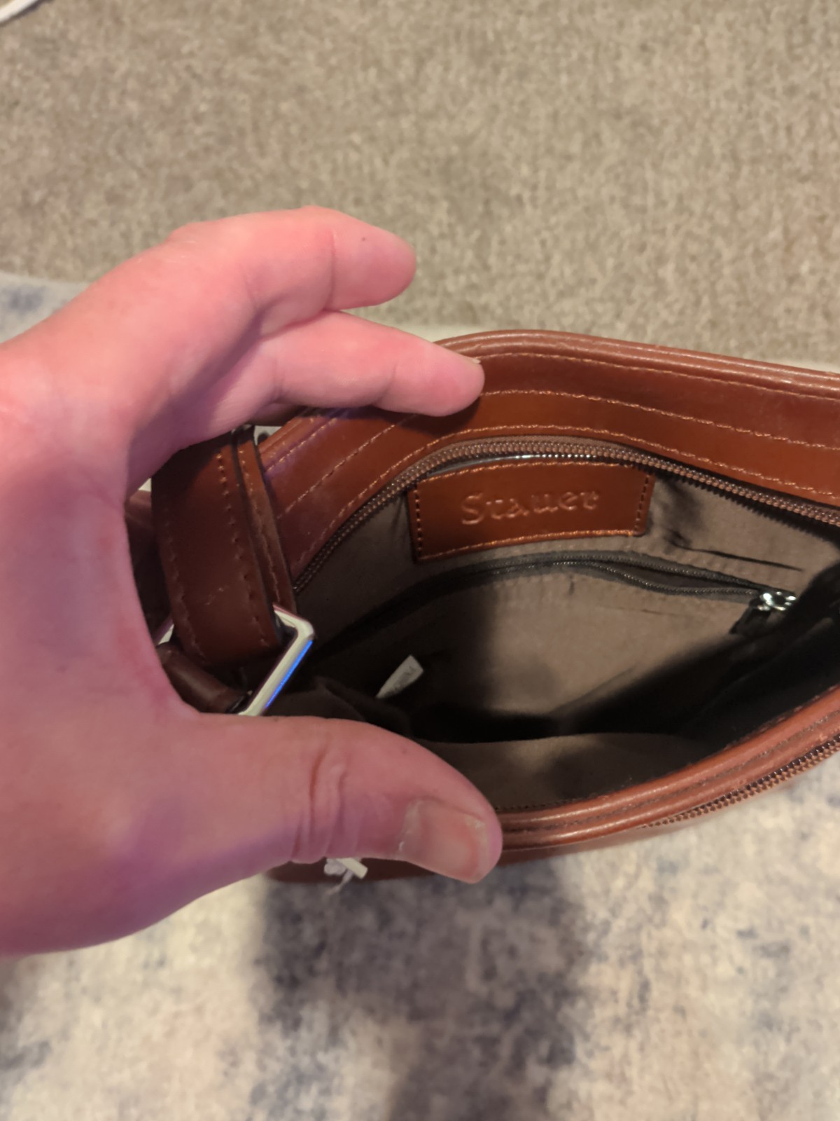Stauer Brown Leather Shoulder Purse Bag Adj Strap Zip Close 10×9
