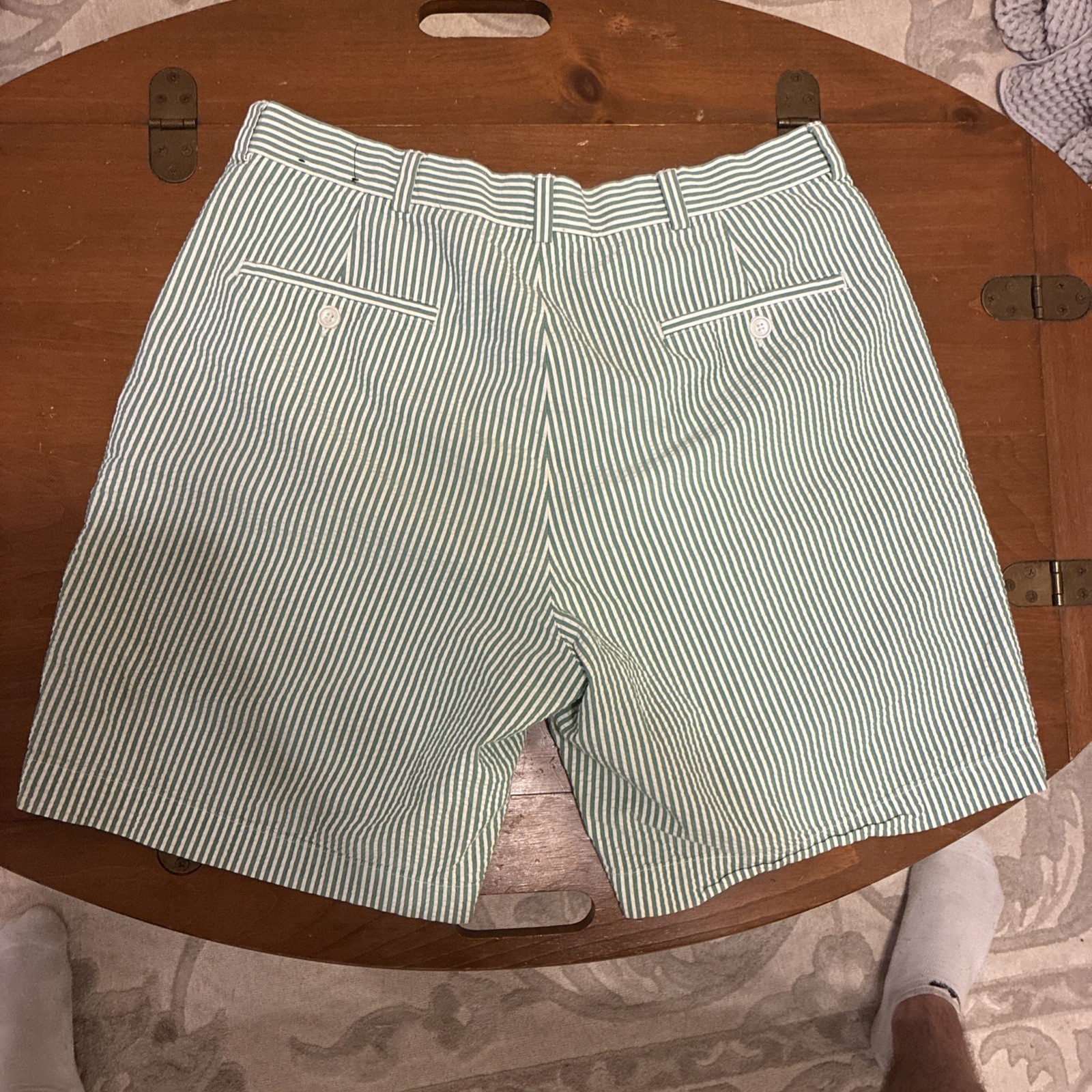 346 Brooks Brothers Shorts Men 34 Seersucker Green White Cotton Pleated Striped