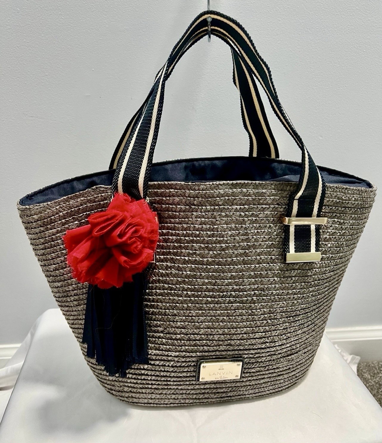 Lanvin Blue And Gray Straw Handbag With Red Flower Accent, Medium Size
