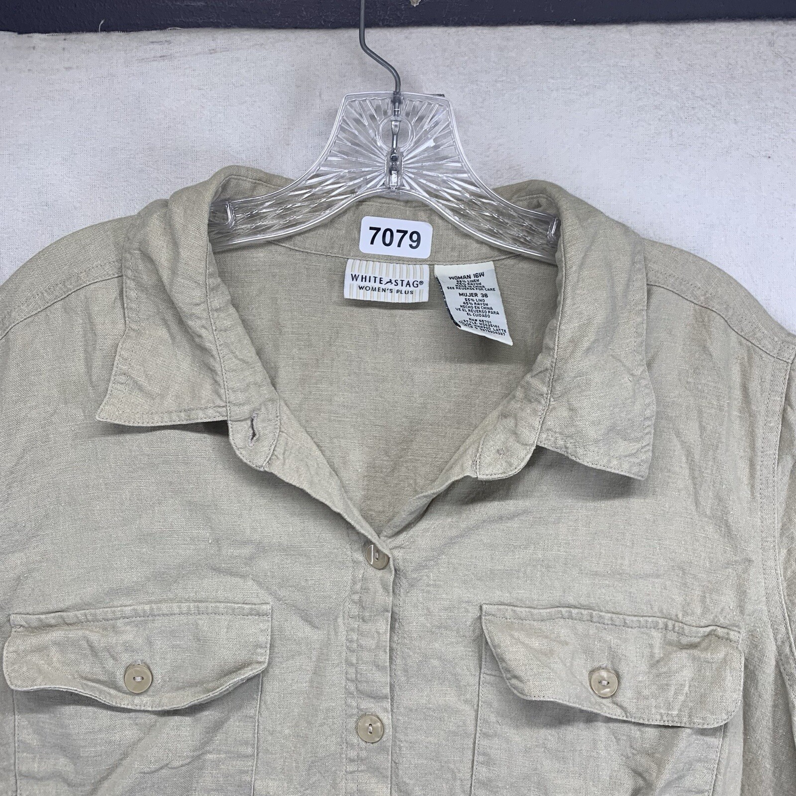 Women’s 16W Button Down Collar Top Linen Cotton Natural Neutral Earthy Pockets