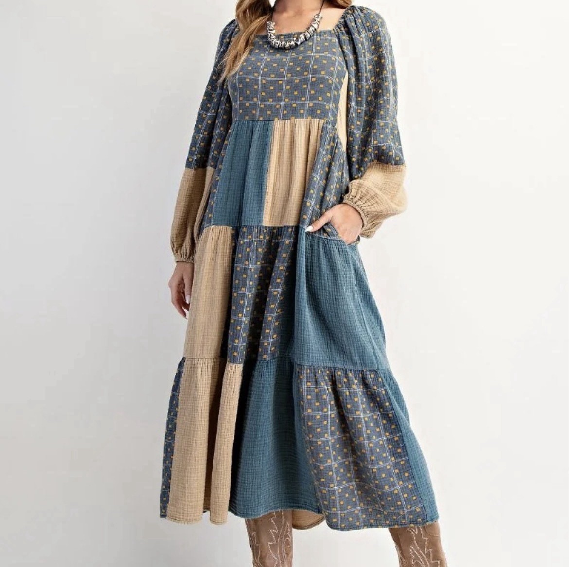 ED27367 Teal Khaki Patchwork Washed Cotton Gauze Dress