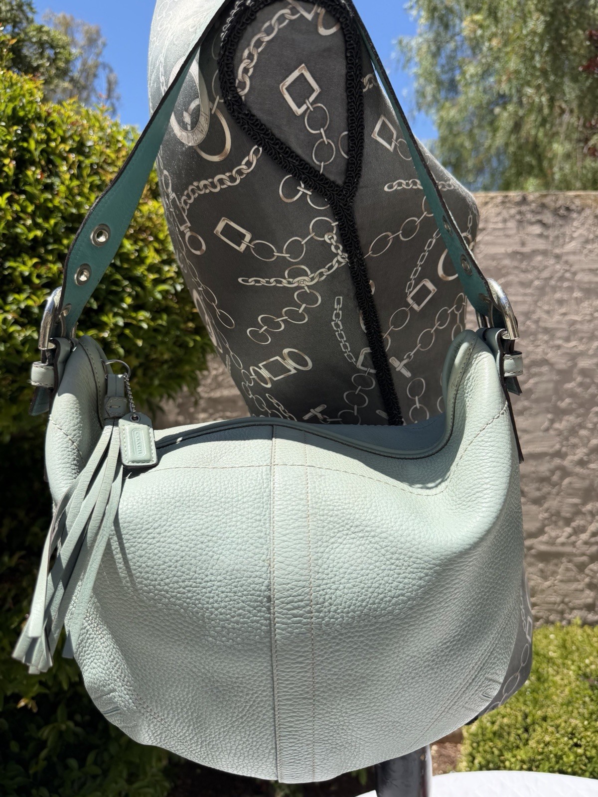 *worn* Vintage Y2K Coach 3227 Baby Blue Pebbled Leather Soho Hobo Shoulder Bag