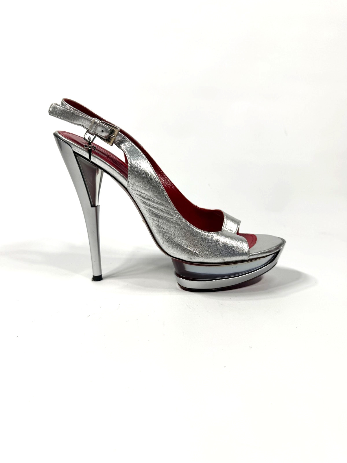 Cesare Paciotti Silver Leather Platform Slingback Heels Shoe 37.5 Dagger Buckle