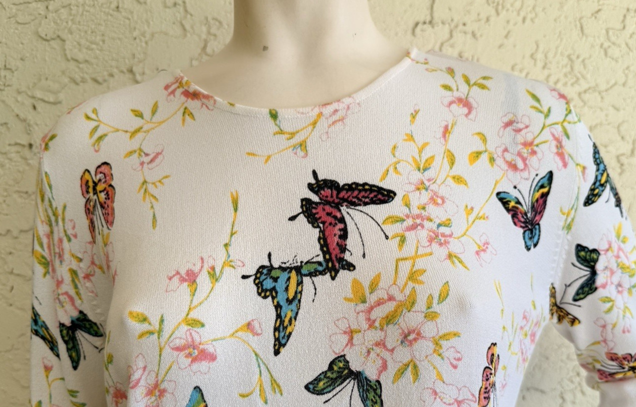 NWT JOSEPH A. Sweater Top White Butterfly Floral Print Viscose 3/4 Sleeve XL
