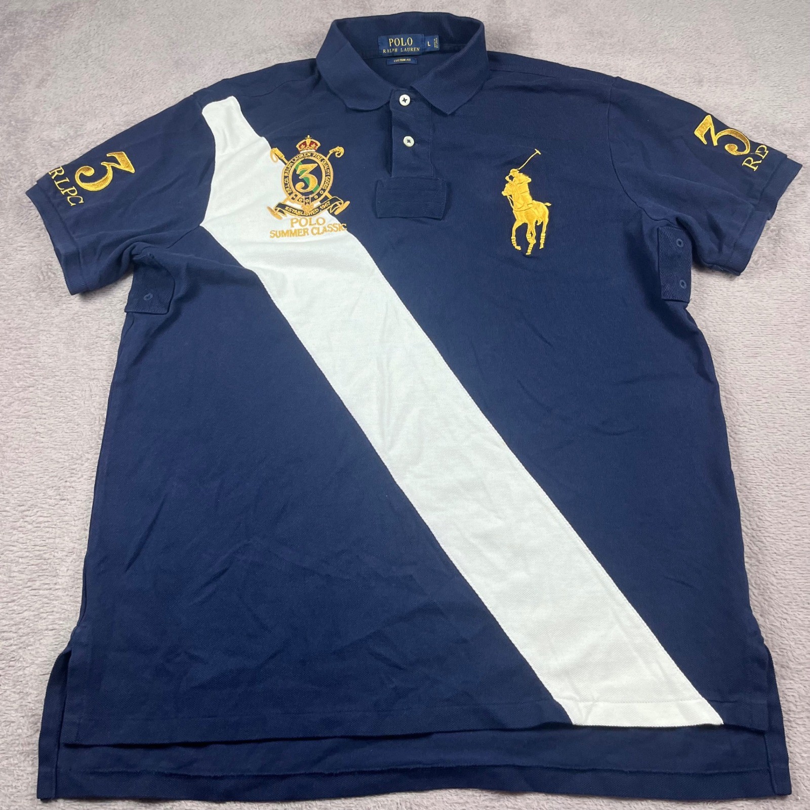 Polo Ralph Lauren Mens Big Pony Sash Polo Shirt Navy Blue Gold Crest Large L