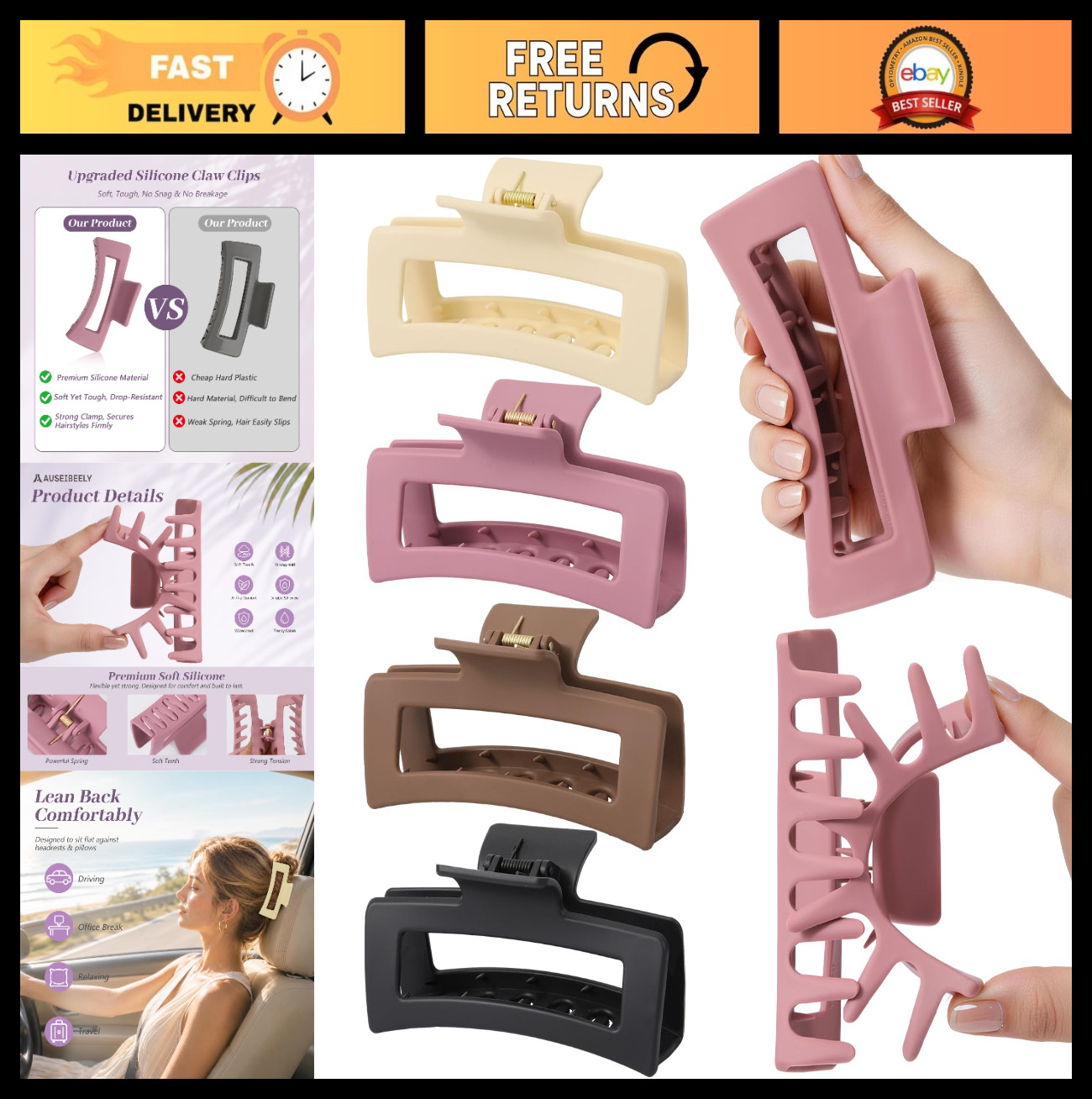 4Pcs Extra Large Cloud Claw Clips for Thick Curly Hair – Jumbo Silicone Jaw Clip