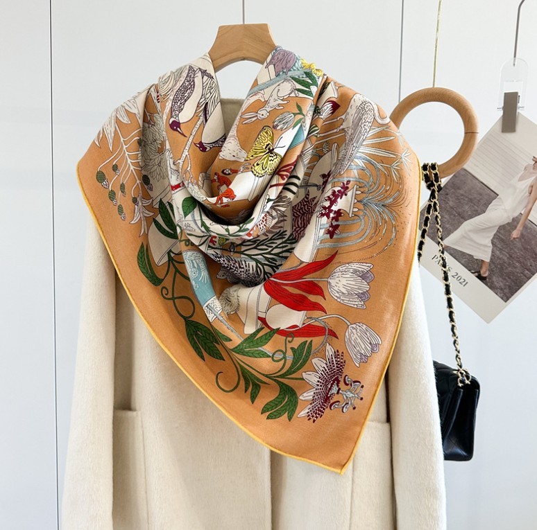Double Face 70% Cashmere 30% Silk Scarf Square Shawl 53″ Orange Large Wrap