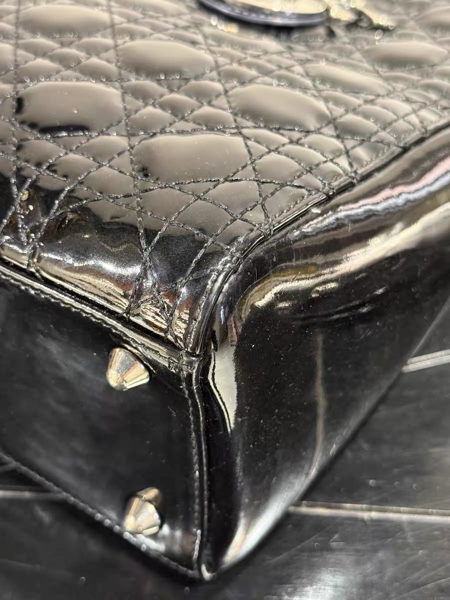 Authentic Christian Dior Black Patent Leather Lady Dior Bag