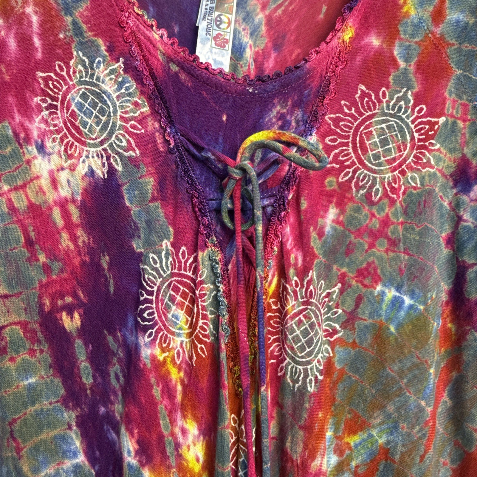 India Boutique Womens Dress Boho Flowy Coverup OS Tie‑Dye Paint Floral Lace Trim