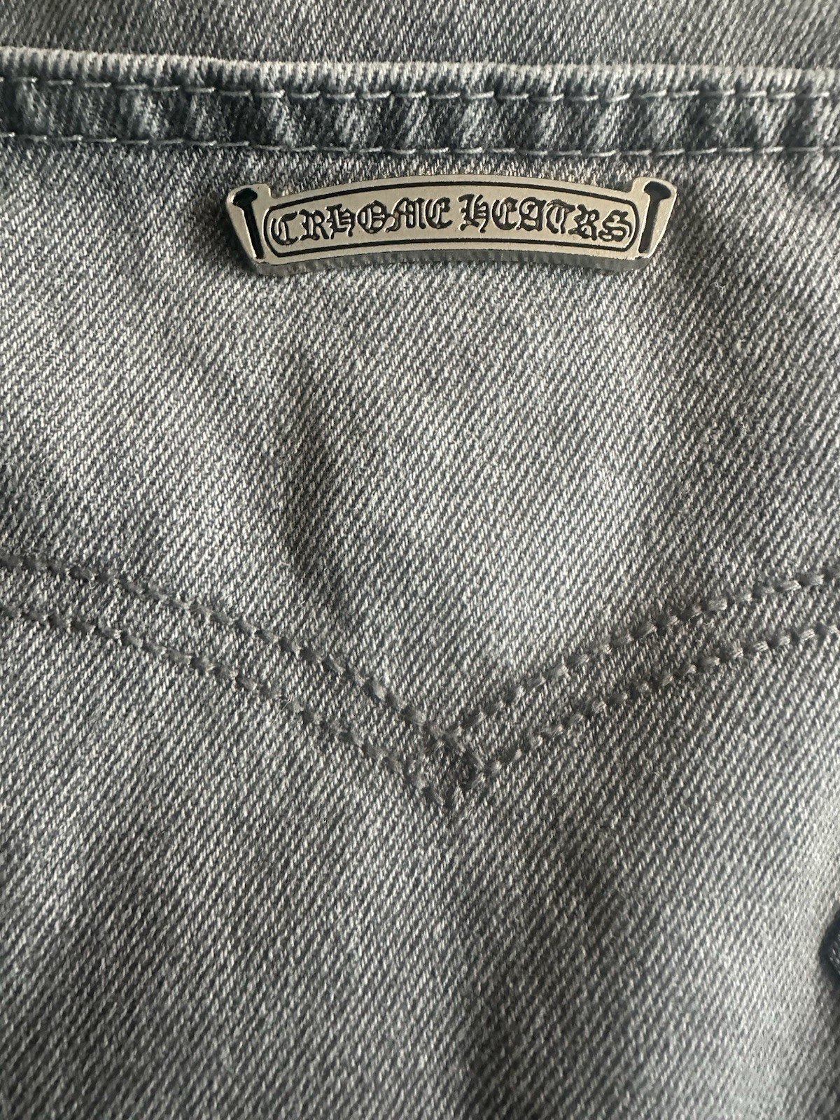 Chrome Hearts Men’s Gray Denim Straight Jeans Black Cross Patches Button Fly