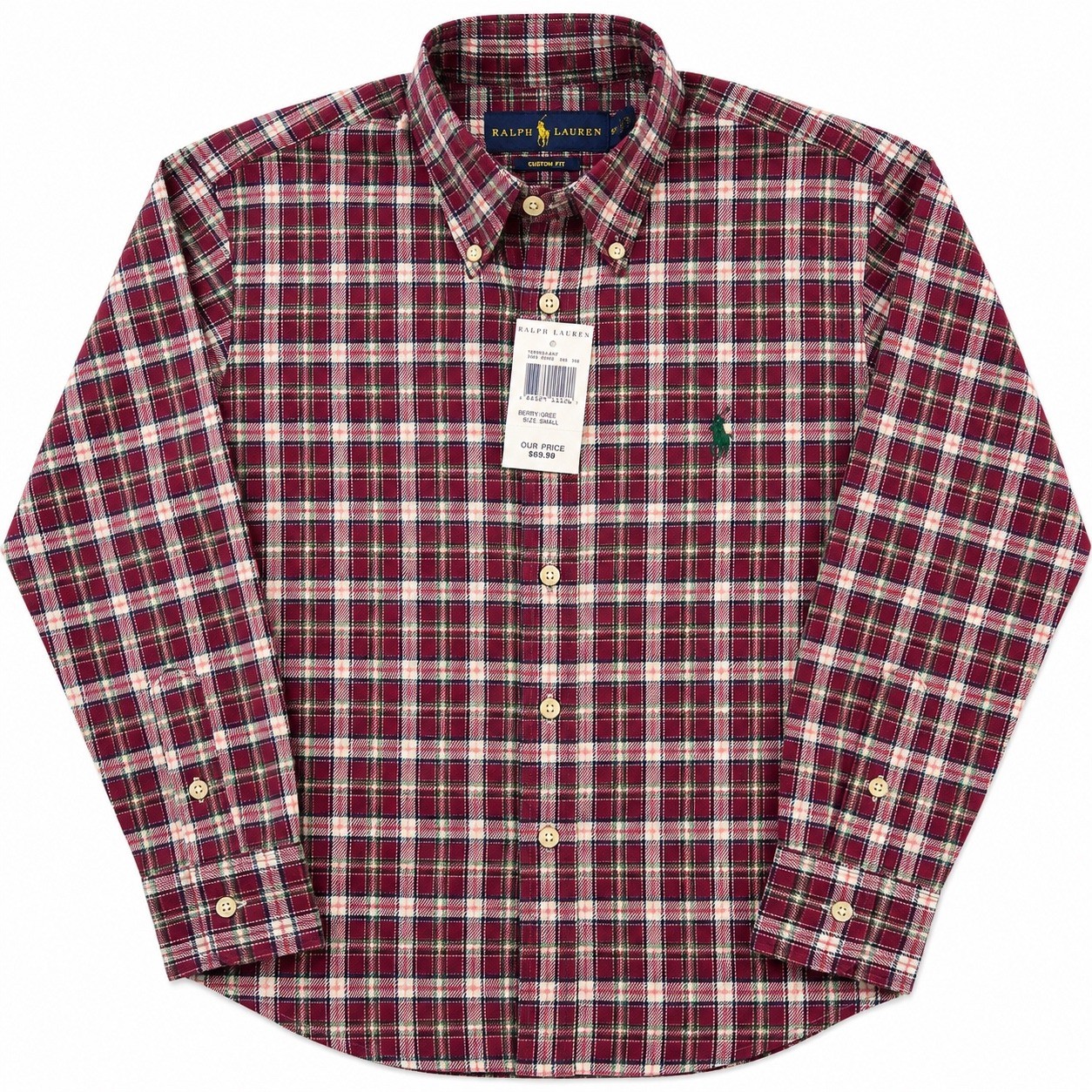 Ralph Lauren Button Down Shirt Mens Small Maroon Green Plaid Cotton Custom Fit