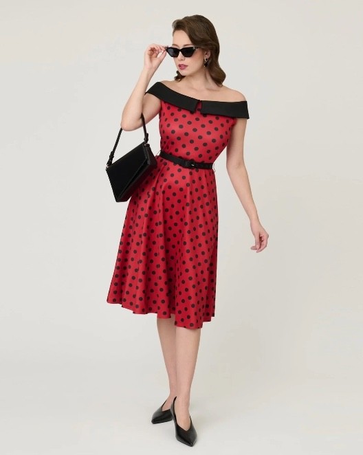UNIQUE VINTAGE RED & BLACK DOT OFF THE SHOULDER SWING DRESS – NEW – REG & PLUS